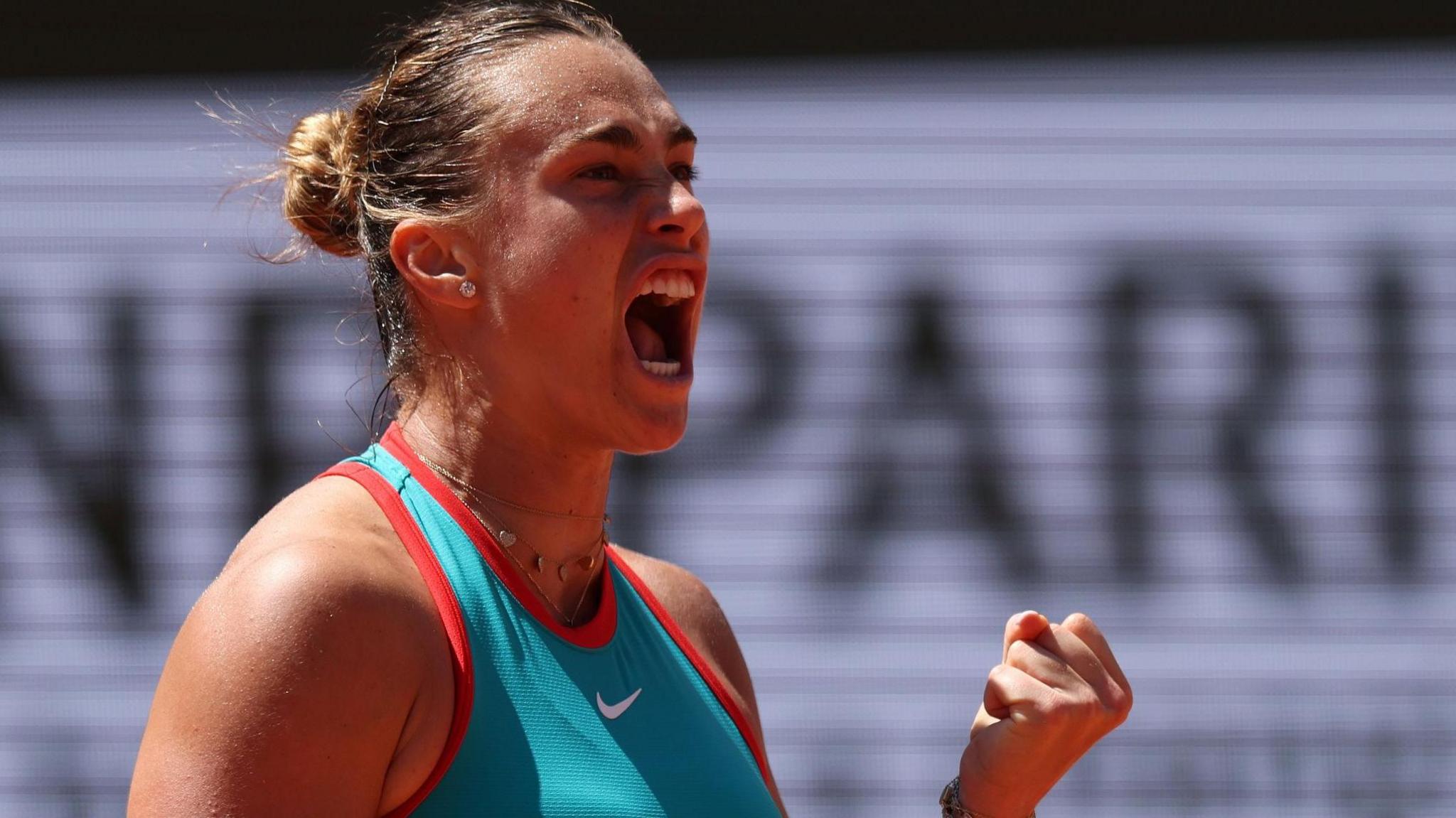 Aryna Sabalenka celebrates her victory over Olga Danilovic