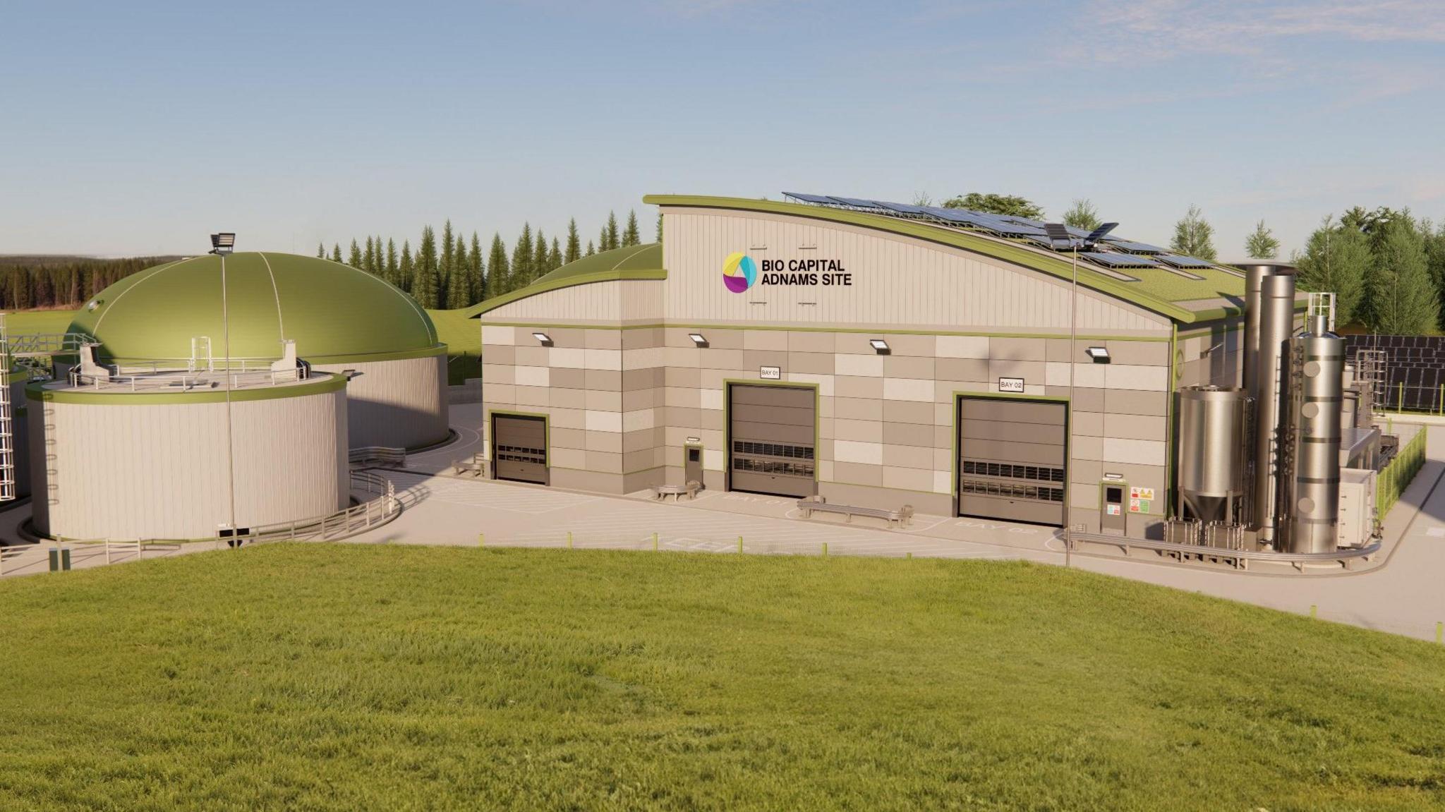 An artist's impression of what the new anaerobic digestion plant could look like once built. It shows a large industrial building with solar panels on its roof.