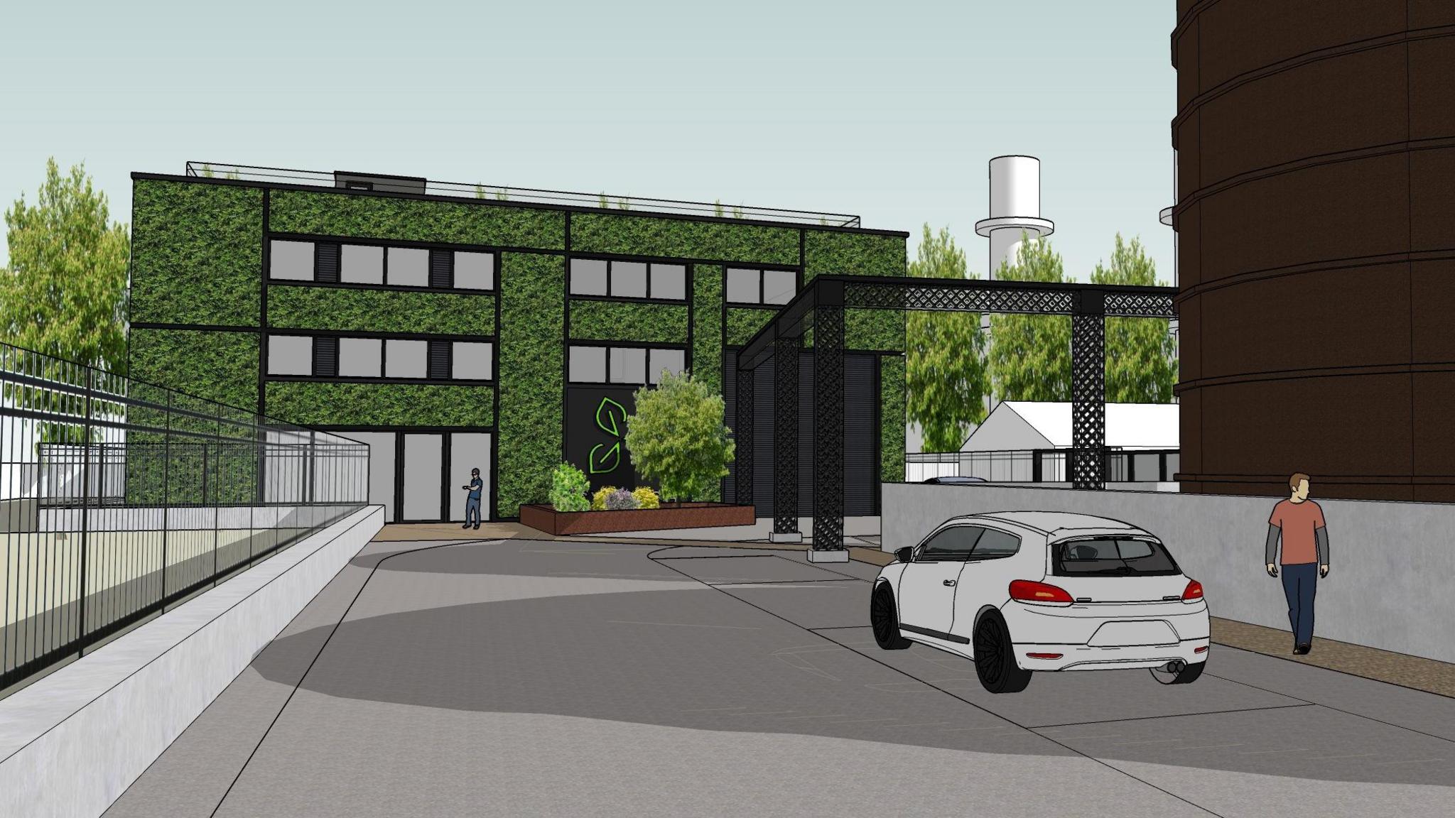 An artist's impression of a three-storey green building. There is a white car in the foreground with a person standing next to it.