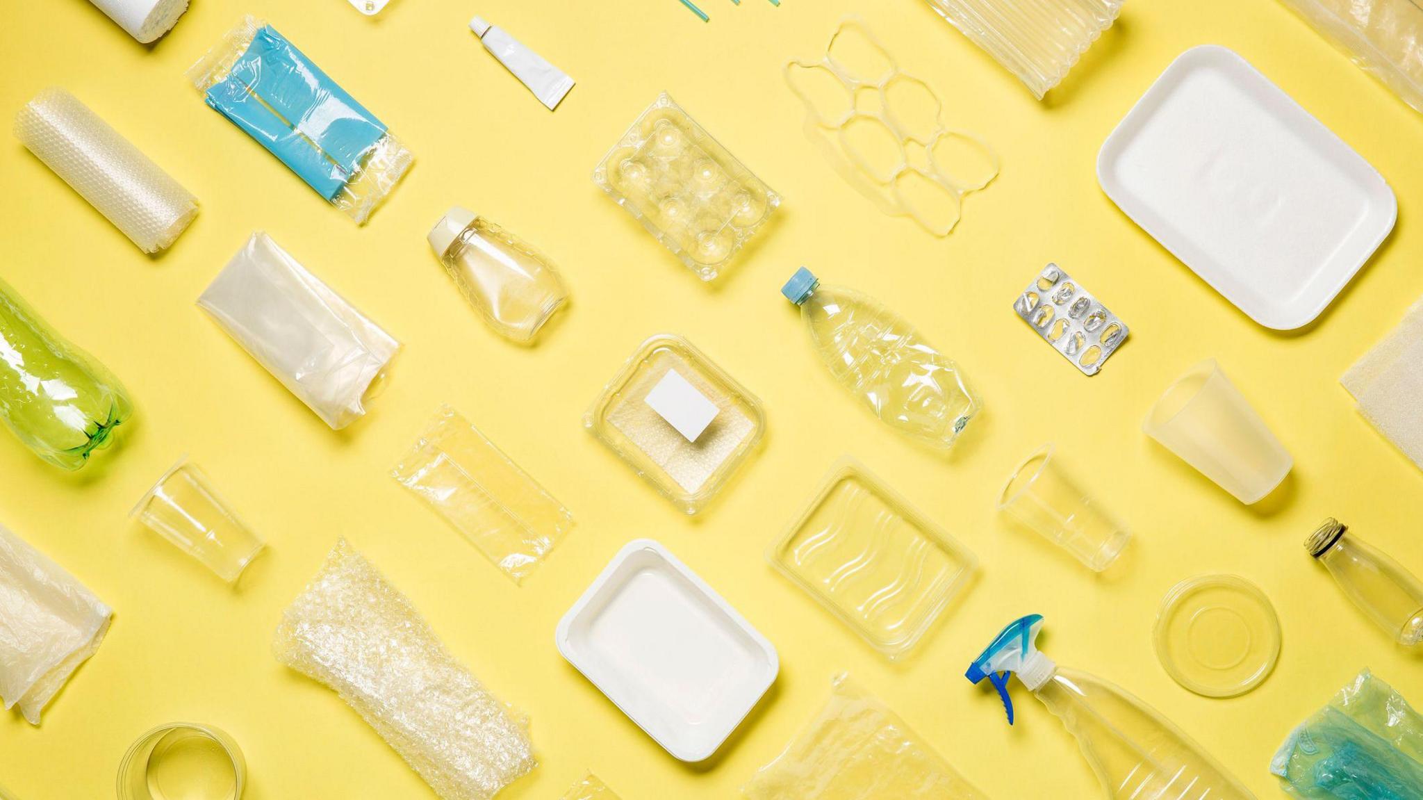 A number of different plastic items including bottles, trays and glasses.