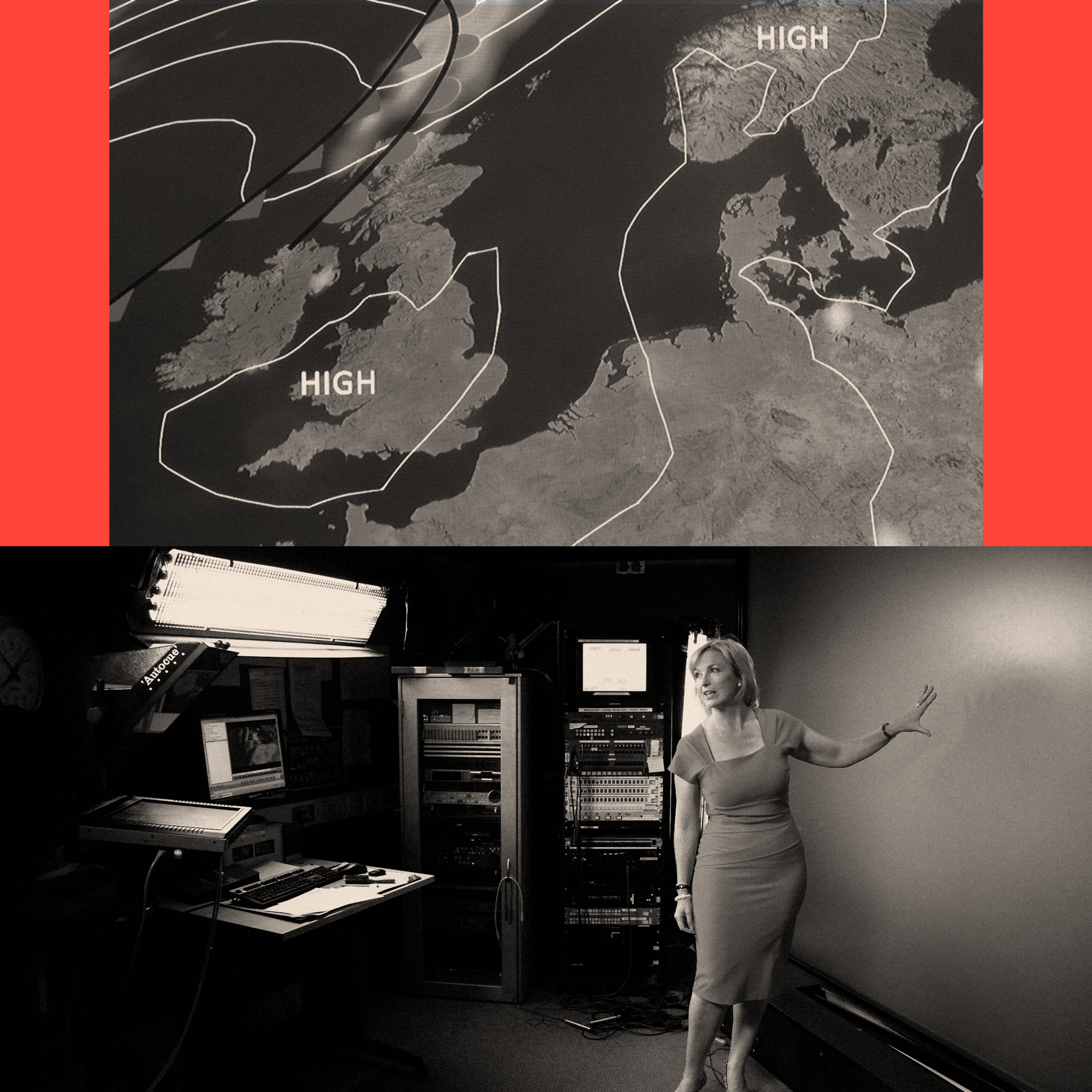 Above: a treated image of a weather forecast.
Below: a treated image of Carol Kirkwood presenting the weather.