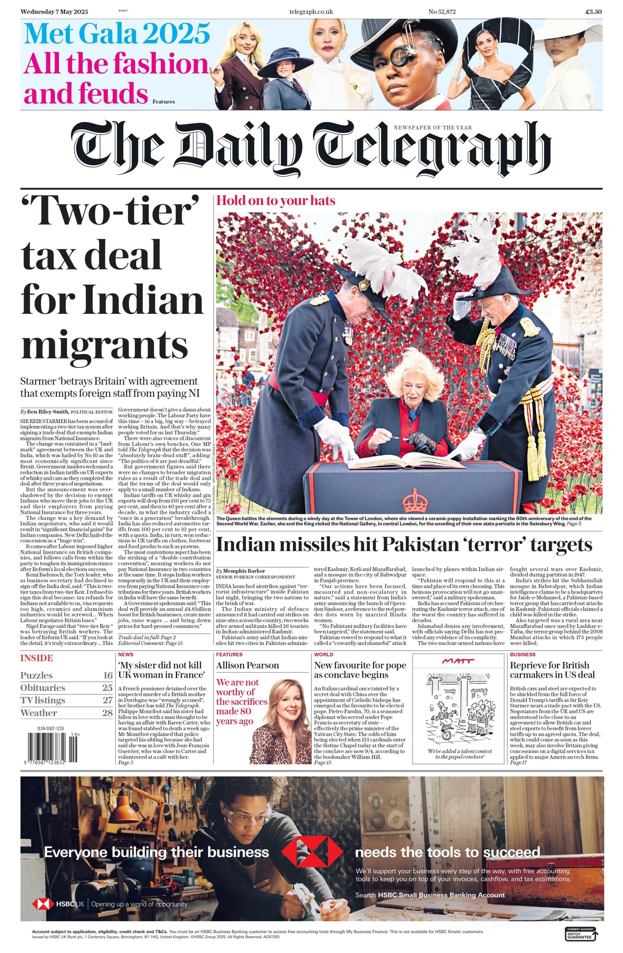 The front page of The Daily Telegraph reads: "'Two-tier' tax deal for Indian migrants"