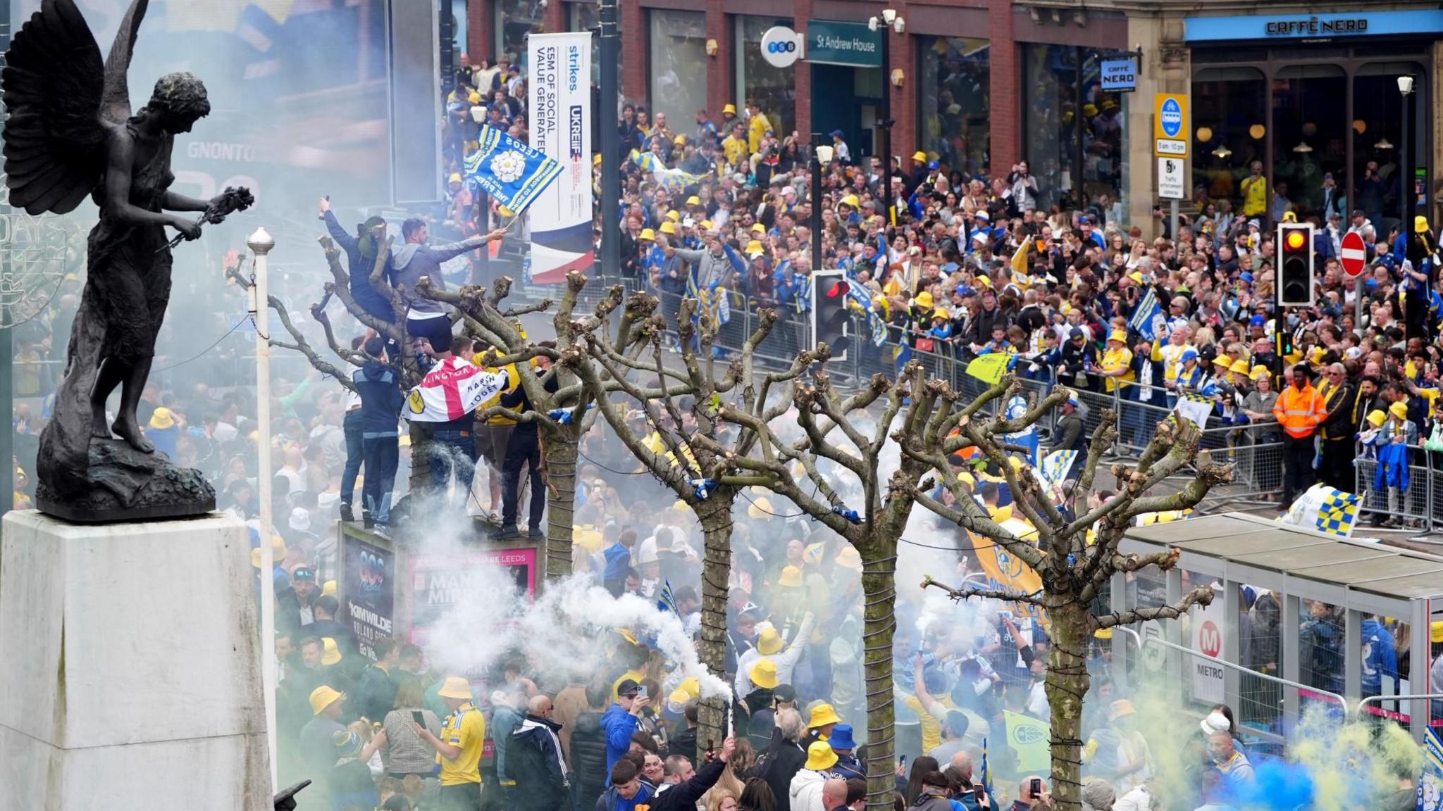 Crowds of Leeds United fans in the city centre
