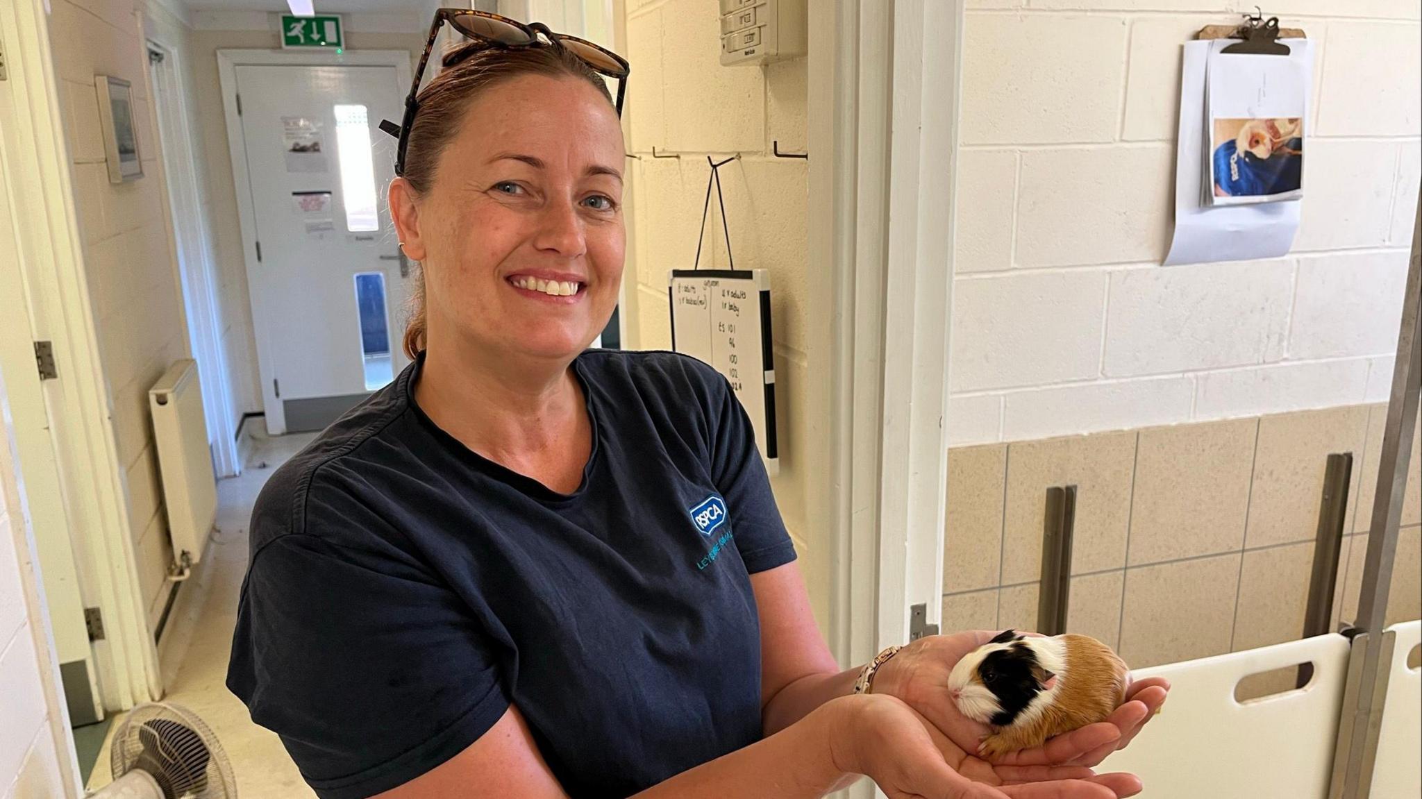 A woman with her hair tied up wearing a navy RSPCA shirt. She is smiling and holding a white, black and ginger guinea pig.