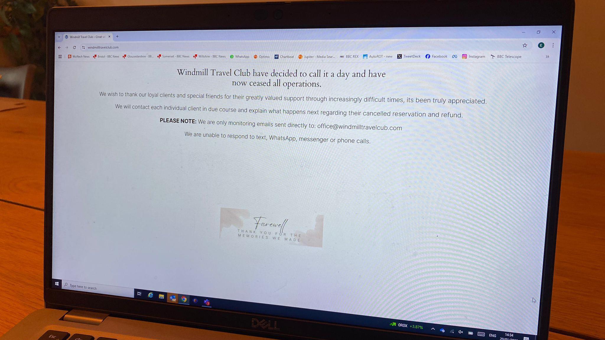 The Windmill Travel Club's website. A message says 'Windmill Travel Club have decided to call it a day and have now ceased all operations'. It goes on to thank its customers and says it will be in touch with them individually about their cancelled reservations and refunds. It adds it will only respond to emails and not texts, WhatsApp or phone calls.