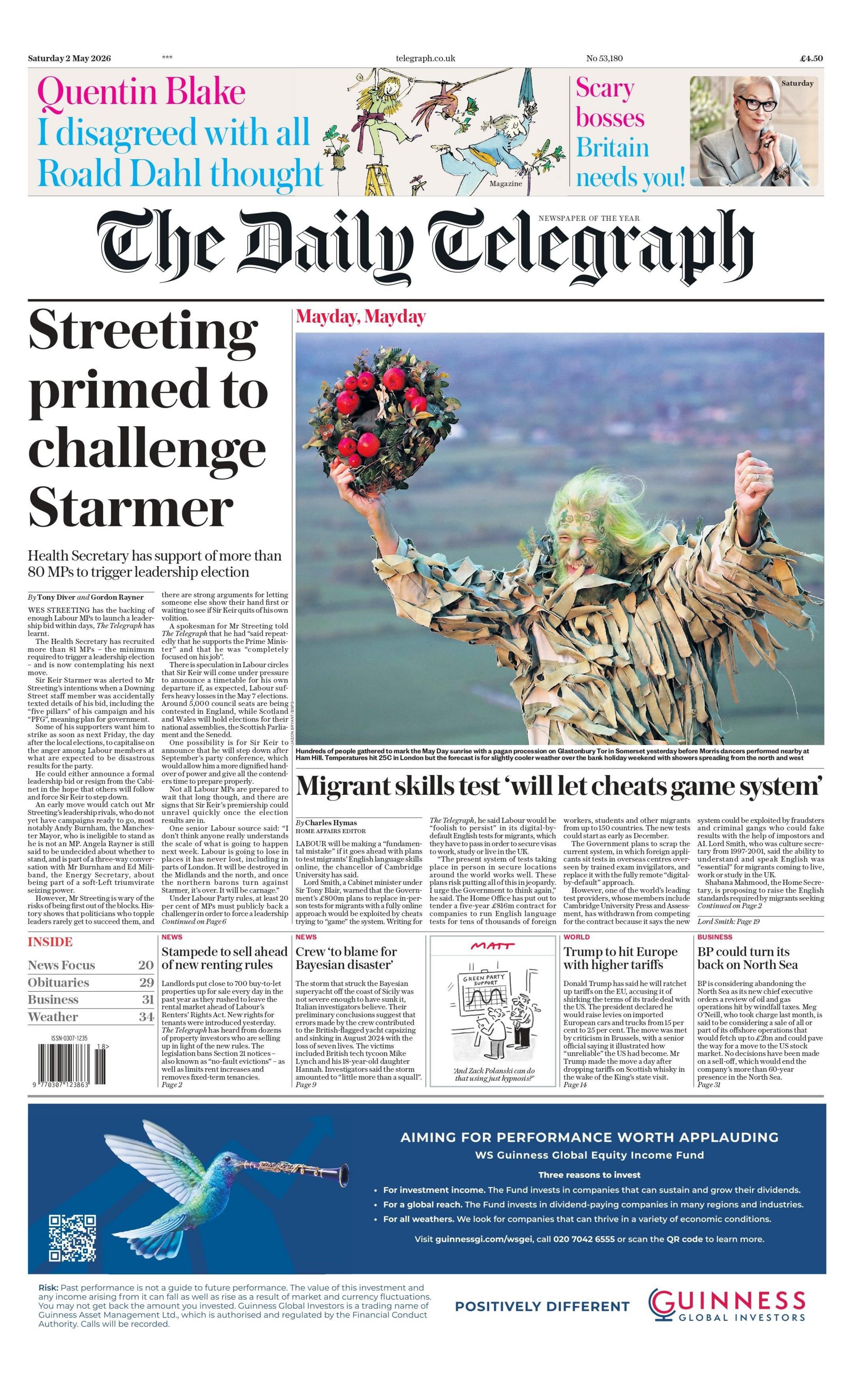 "Streeting primed to challenge Starmer," reads the headline on the front page of the Daily Telegraph.