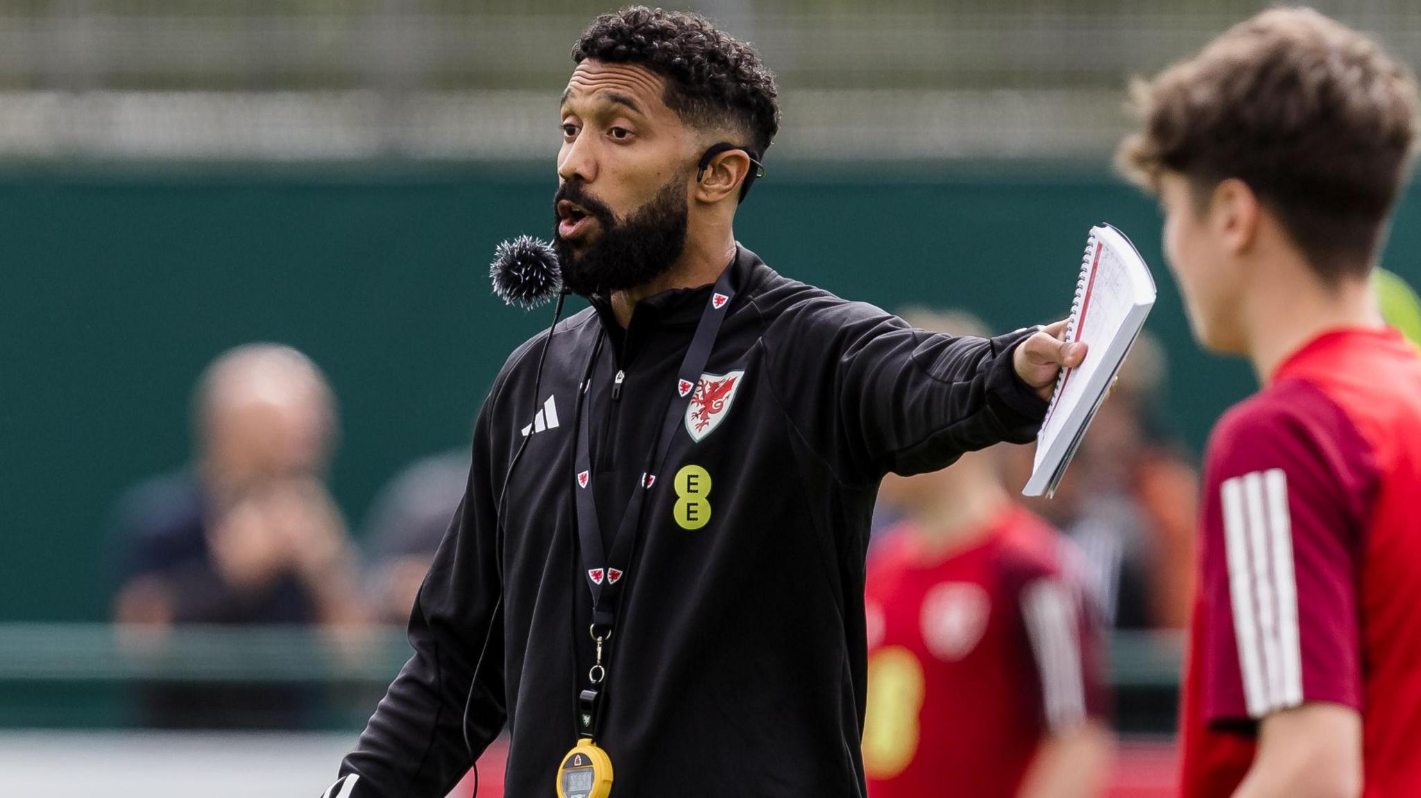 Gael Clichy takes a coaching league   during the FAW Pro Licence course