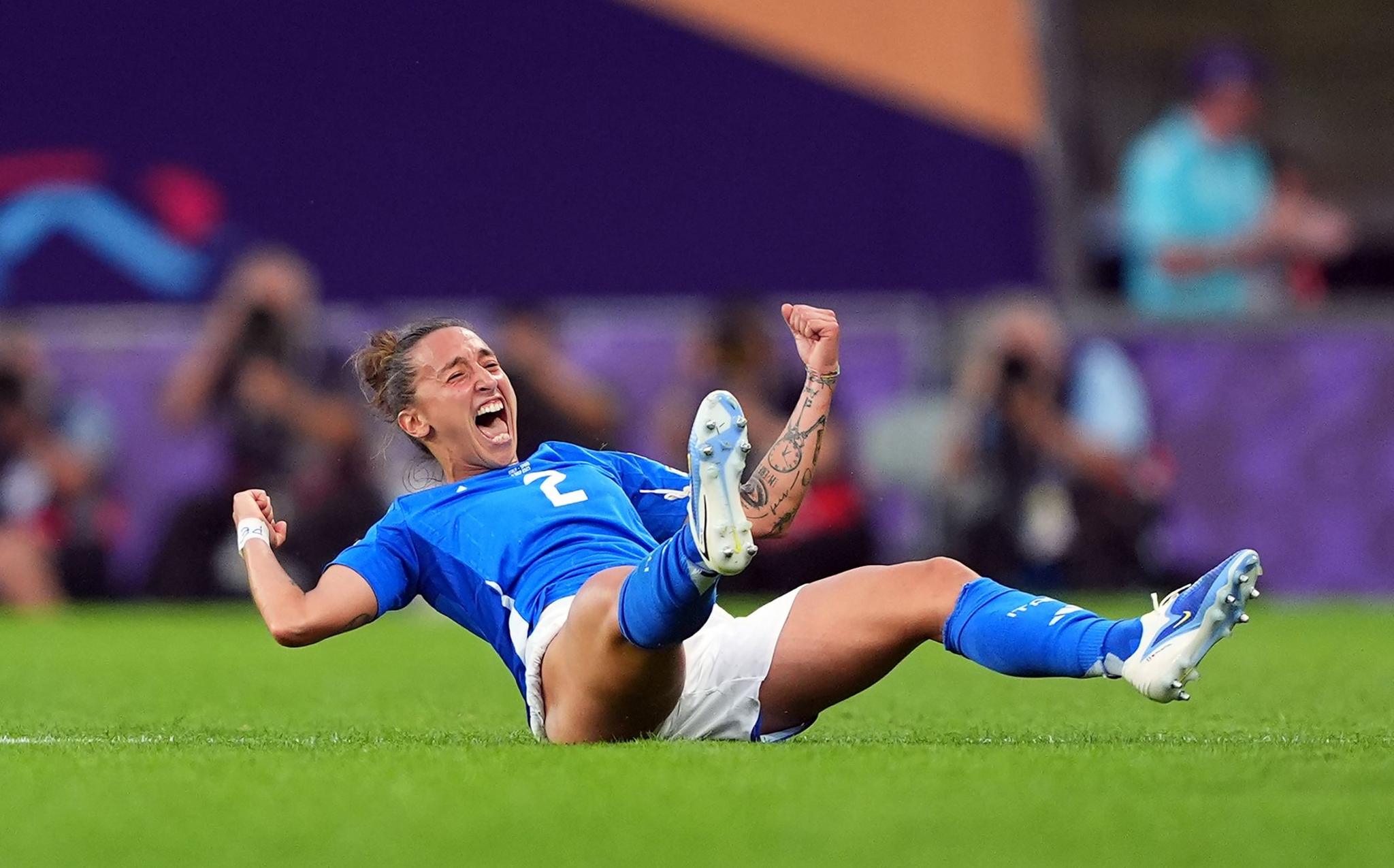 Italy's Elisabetta Oliviero celebrates scoring her team's first goal against Spain. Photo by Daniela Porcelli