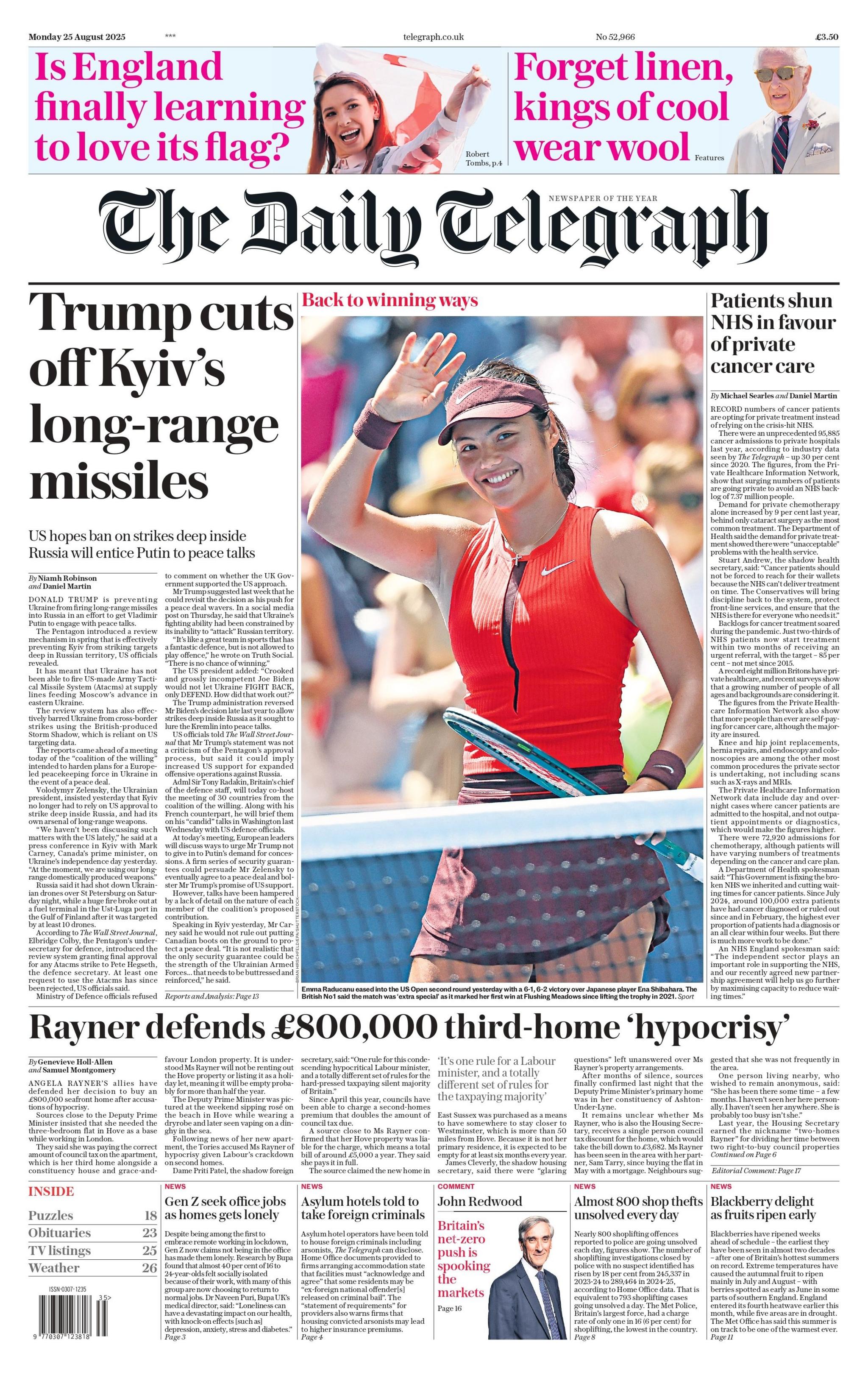 The headline on the front page of the Daily Telegraph reads: "Trump cuts off Kyiv's long-range missiles".