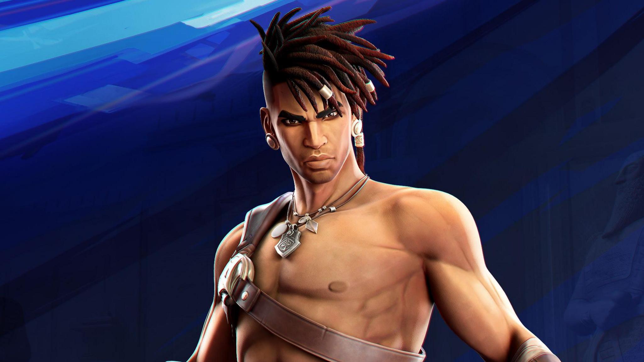 A computerised sketch of a male warrior character with a piercing, determined stare. He's shirtless, and his hair is styled in short locs swept to one side of his head. He wears a leather brace across his chest and a selection of amulets on leather straps around his neck.