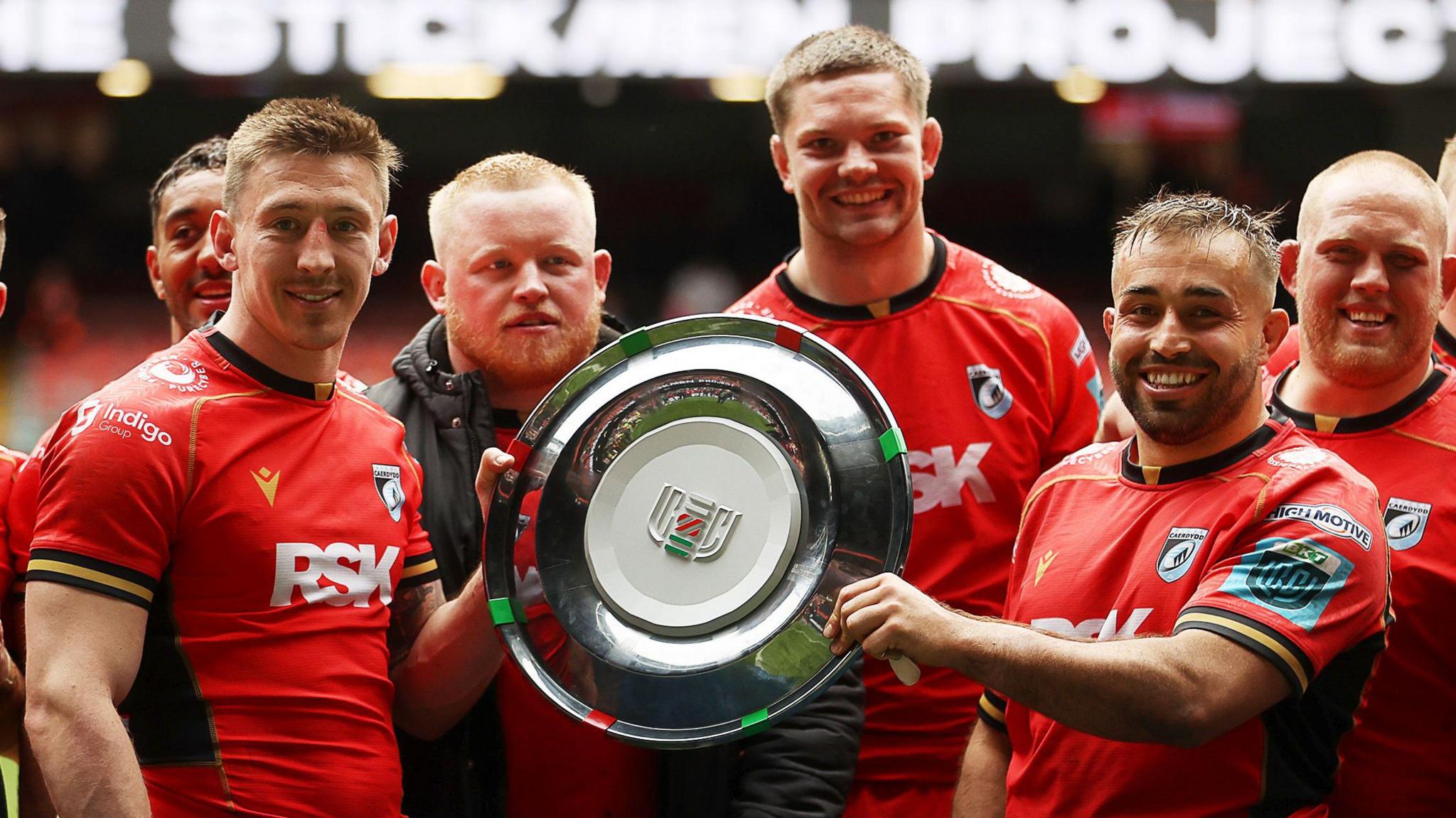 Cardiff players with the United Rugby Championship Welsh shield