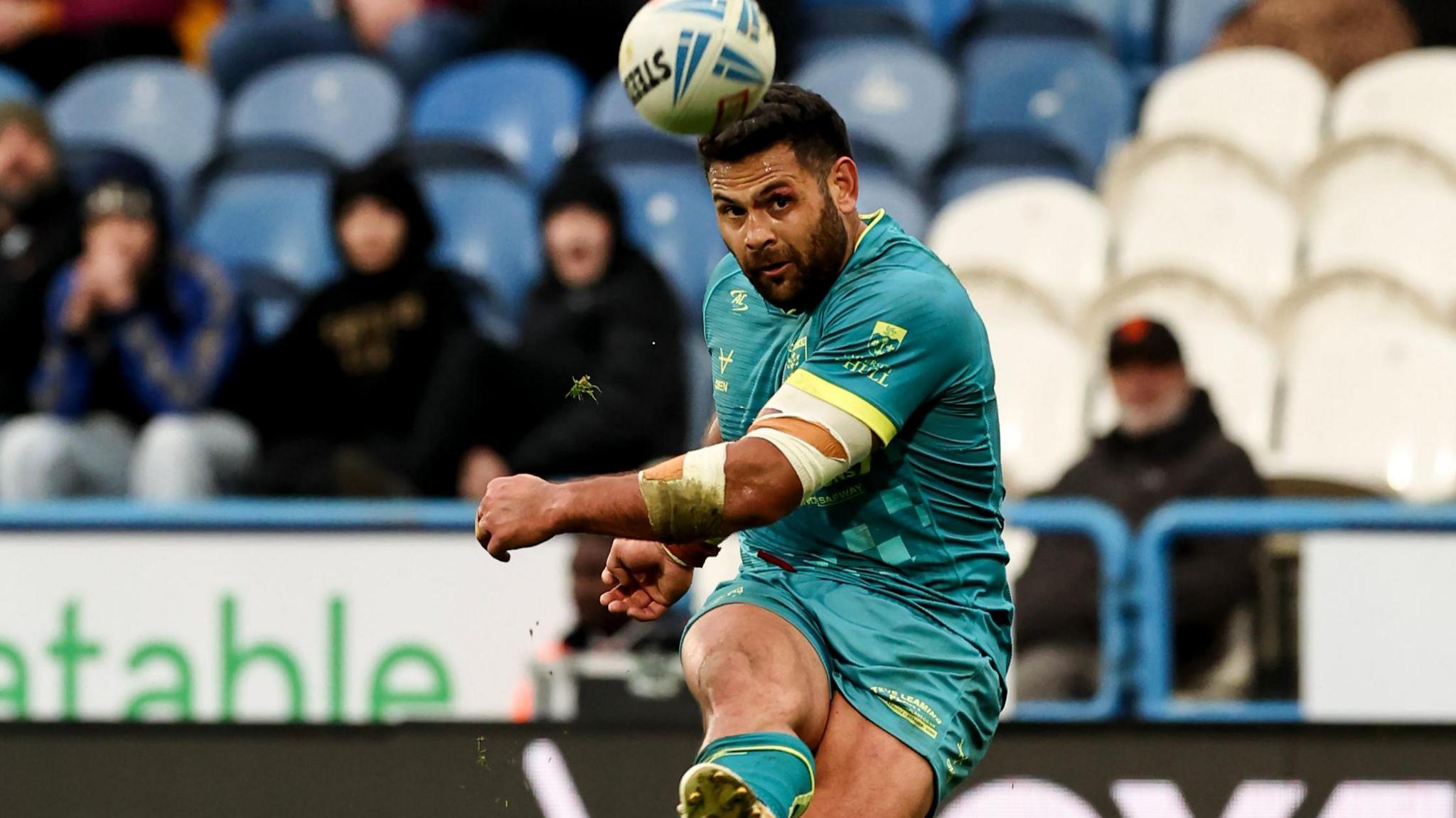 Rhyse Martin kicks a goal for Hull KR at Huddersfield Giants