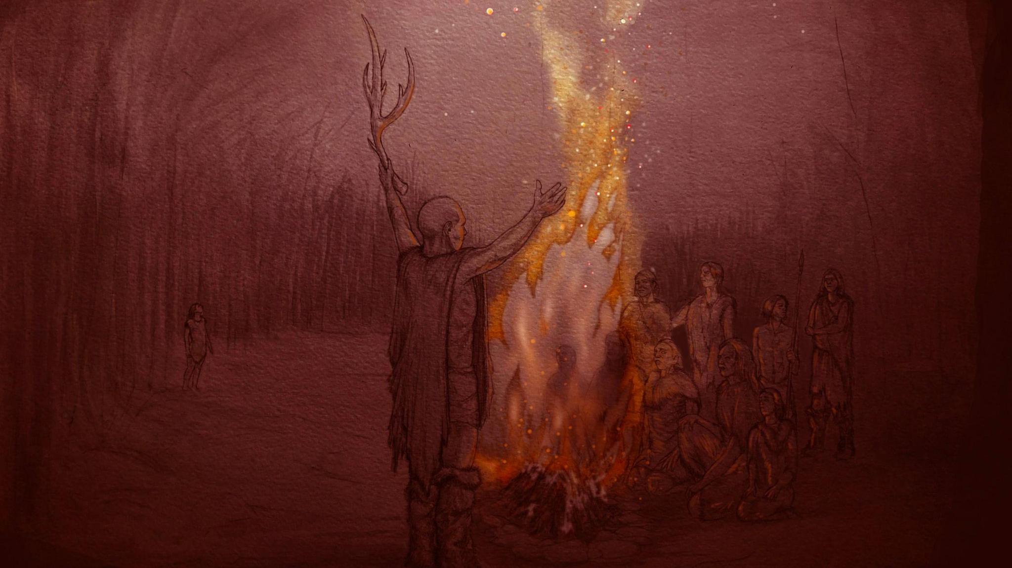 An artists impression of early fire in Suffolk. The drawing is red with sketches of people sat around a huge orange flame.