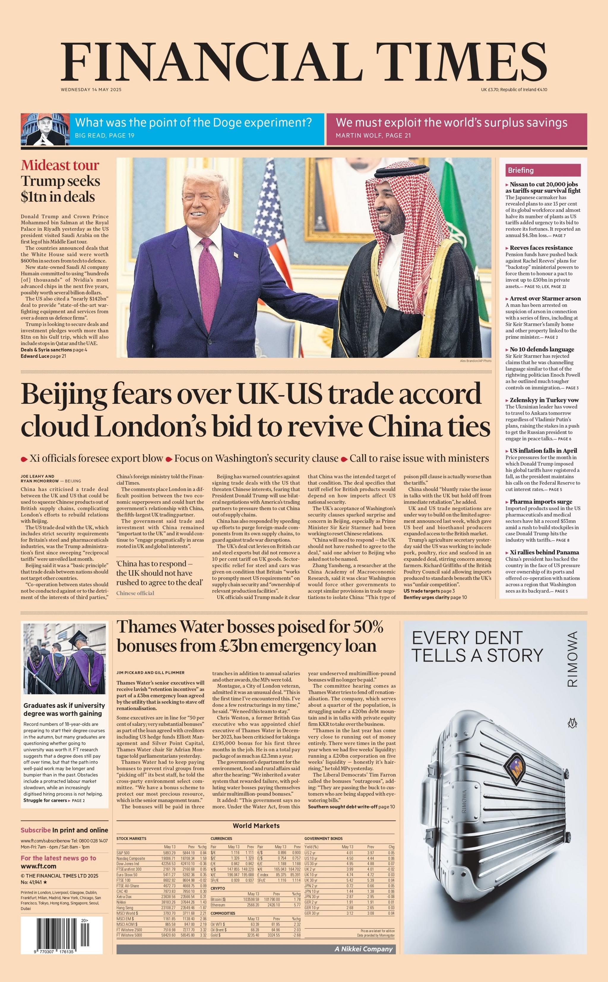 The headline on the front page of the Financial Times reads: "Beijing fears over UK-US trade accord cloud London's bid to revive China ties".