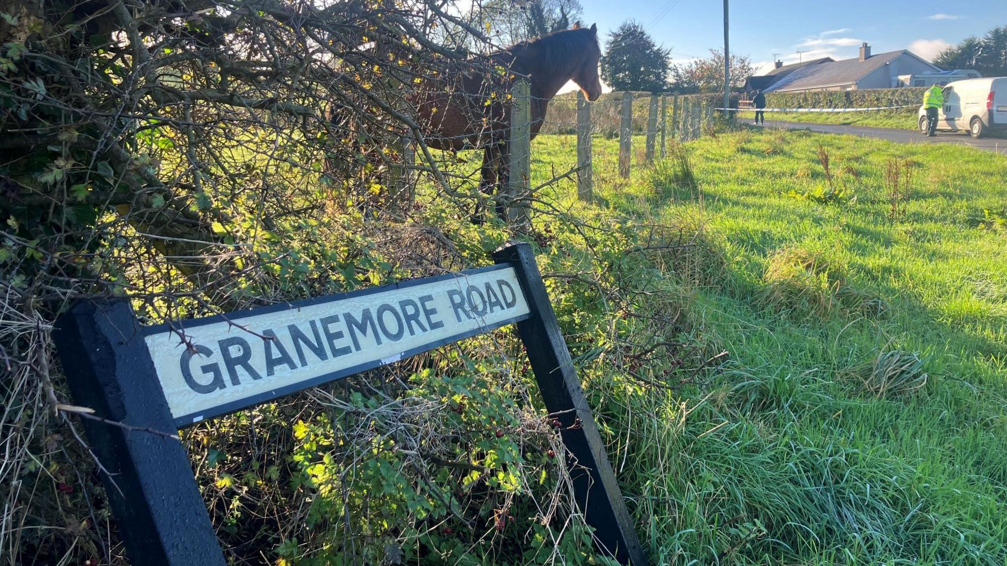 A sign saying Granemore road rests against the sticks from a leafless bush. Grass can be seen off the side of the road. There is a van and two men on the road with a barrier across it. There is a horse standing in a field behind the sign. It is looking out over a barbed wire fence.