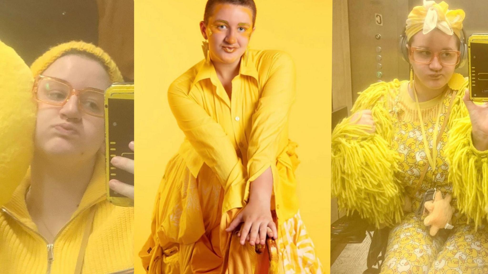 Three selfies of May Gauntlett in her bright yellow clothing.