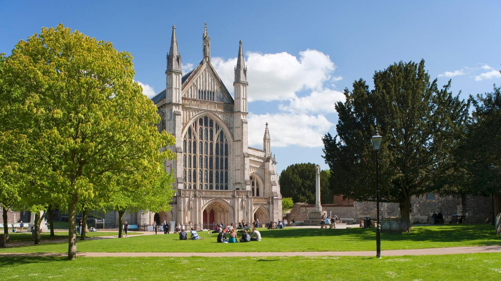 The exterior of Winchester Cathedral in springtime, Winchester, Hampshire