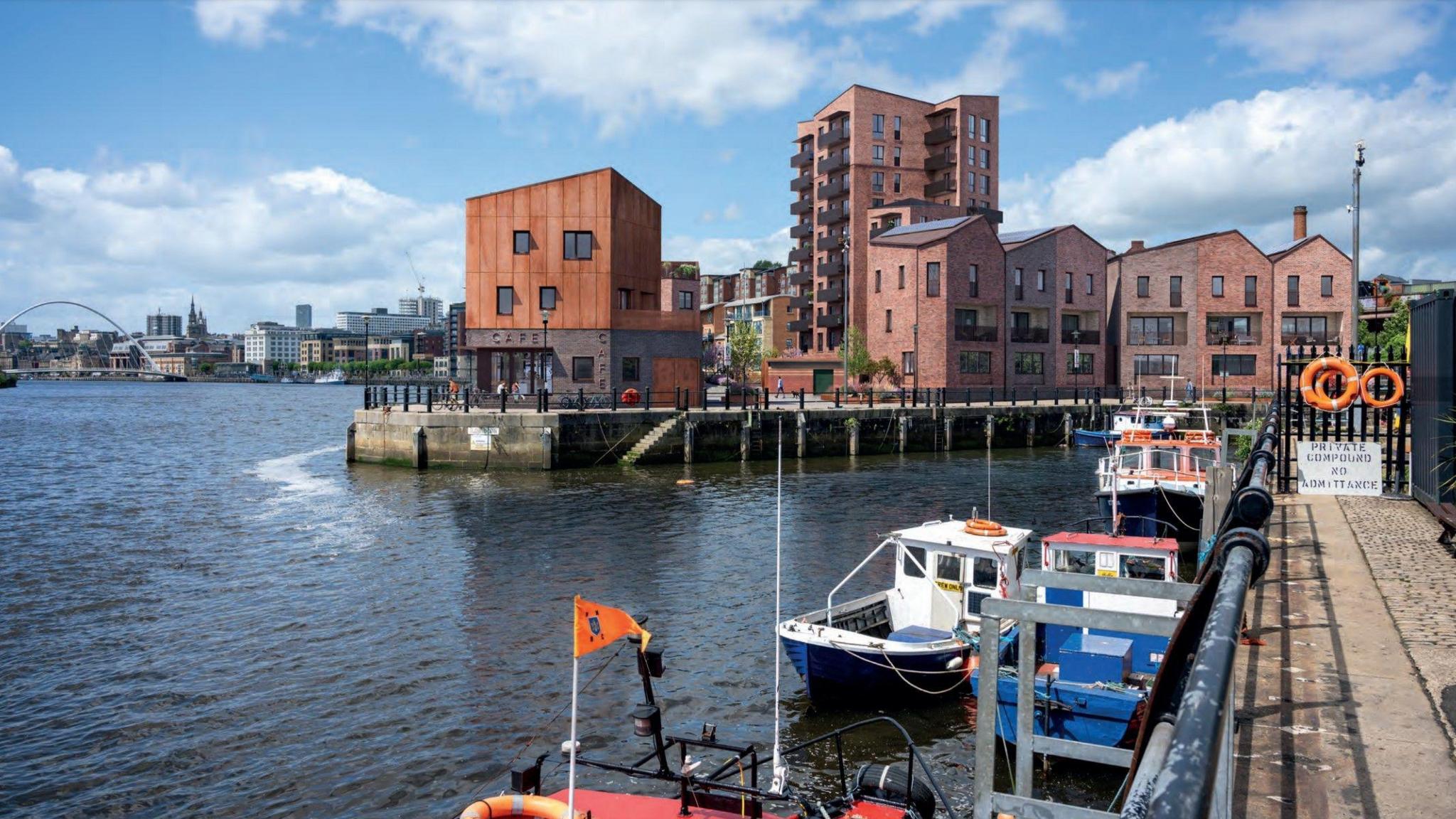 A CGI of how the Malmo development could look. There are a number of apartment buildings built on the land at the mouth of the Ouseburn and overlooking the River Tyne. Small fishing boats can be seen in the foreground. The Millennium Bridge can be seen in the distance.