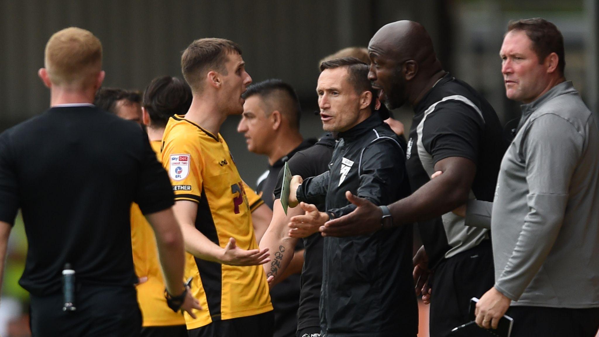 Ciaran Brennan of Newport County is given a red card against Port Vale