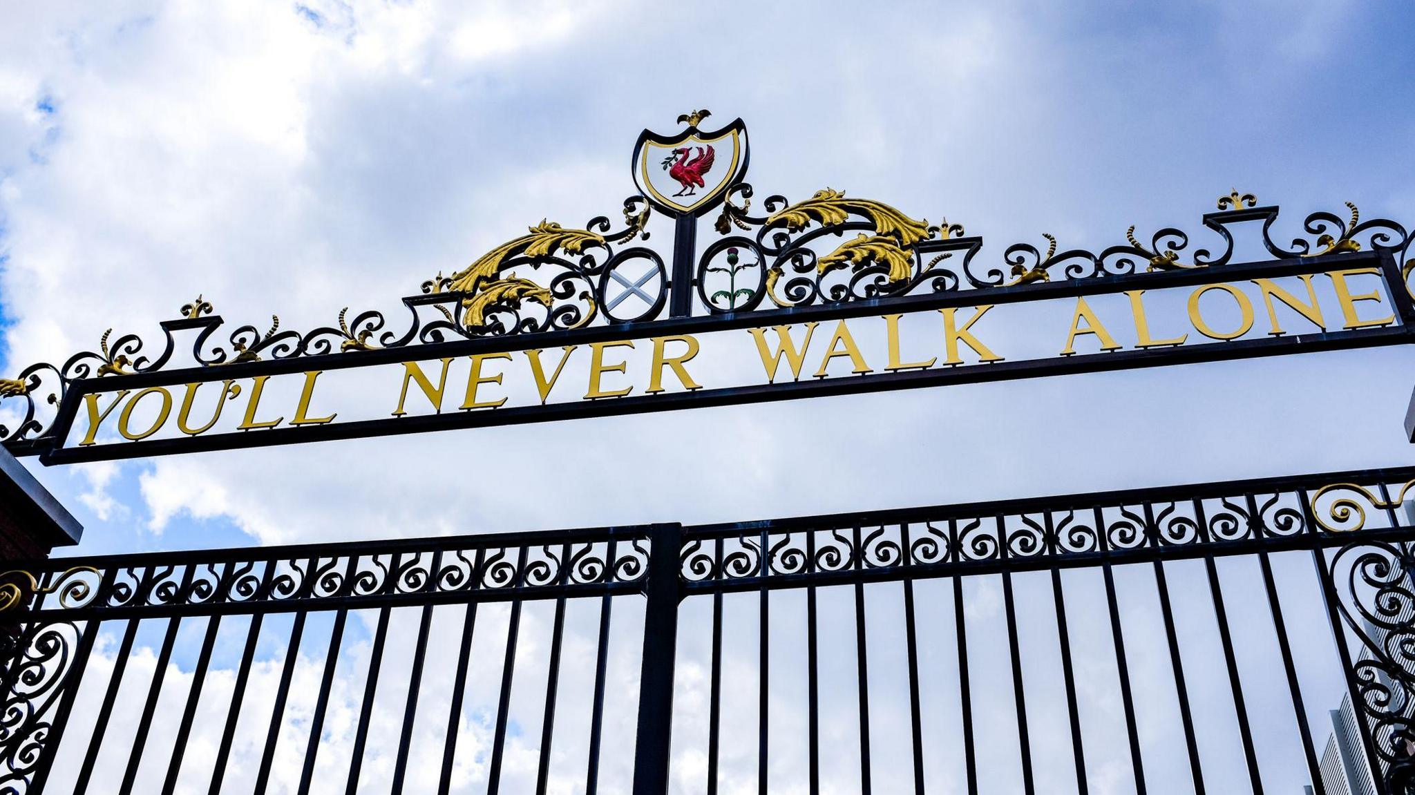 The Bill Shankly Memorial Gates at Liverpool's Anfield Stadium. The gates have the famous slogan, "You'll Never Walk Alone".


