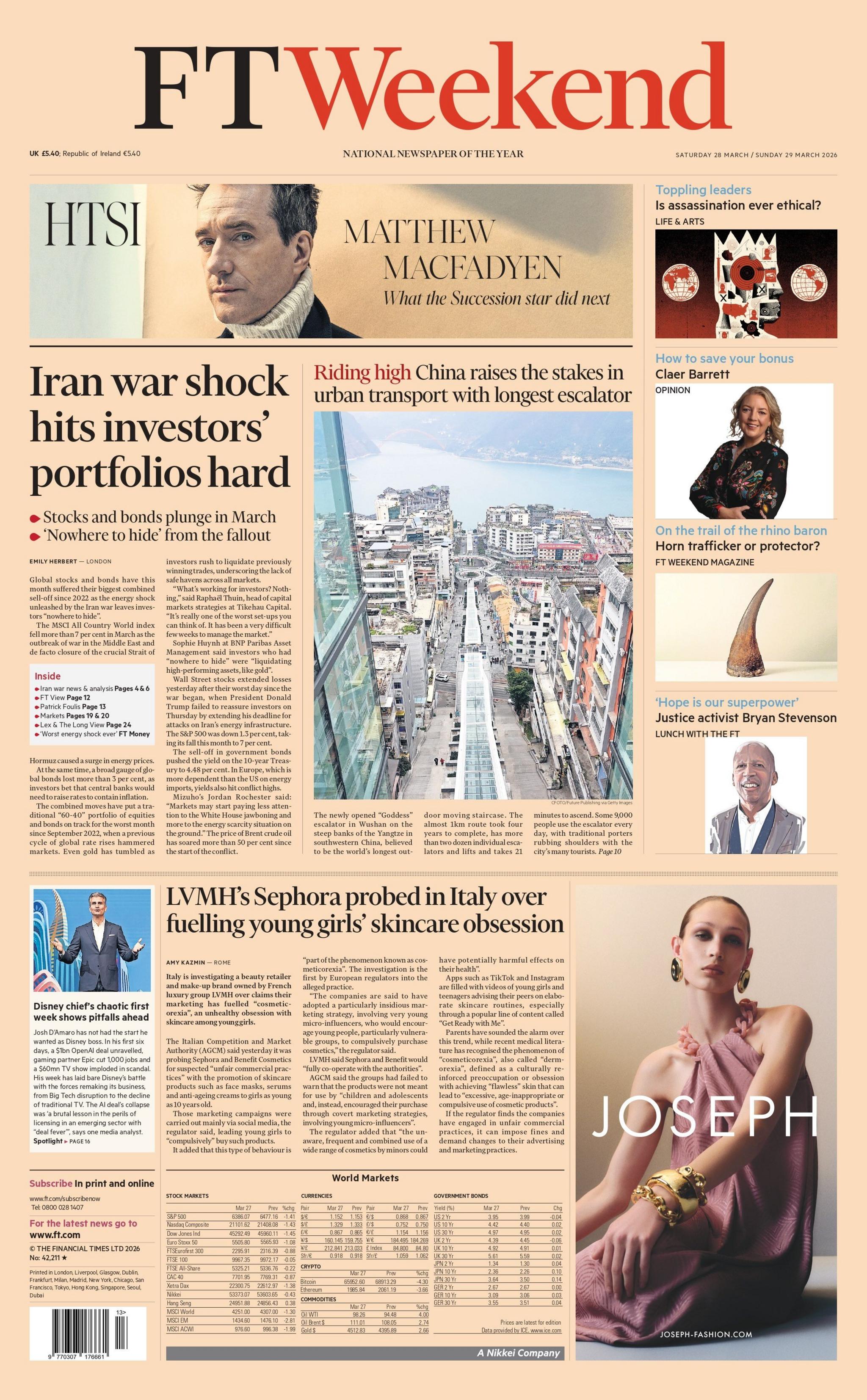 “Shoku i luftës në Iran godet rëndë portofolet e investitorëve”, thuhet në titullin kryesor në faqen e parë të Financial Times Weekend.