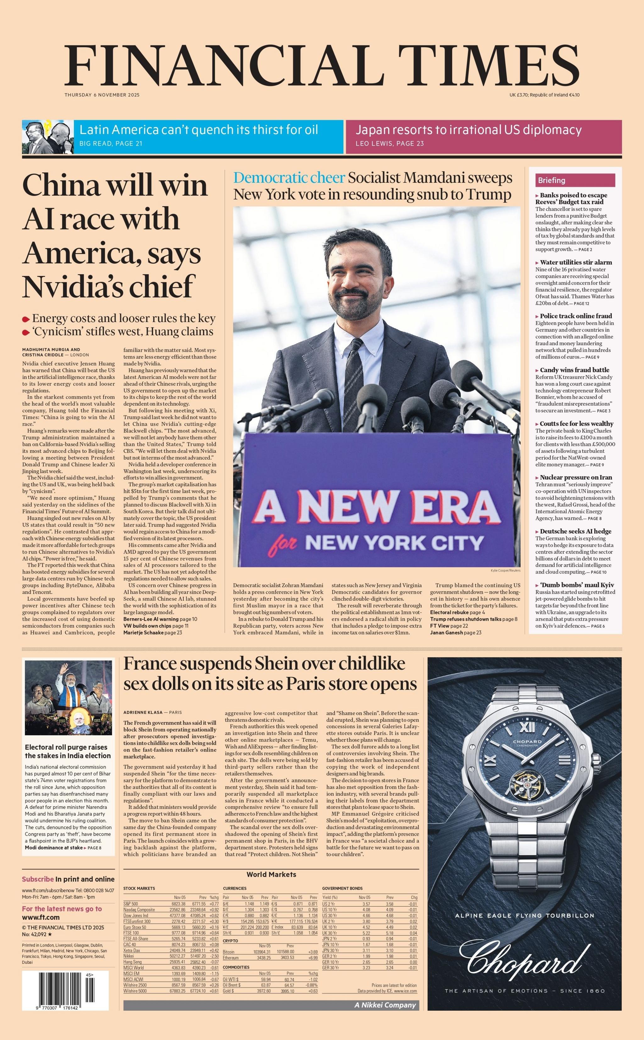 The headline on the front page of the Financial Times reads: "China will AI race with America, says Nvidia's chief".