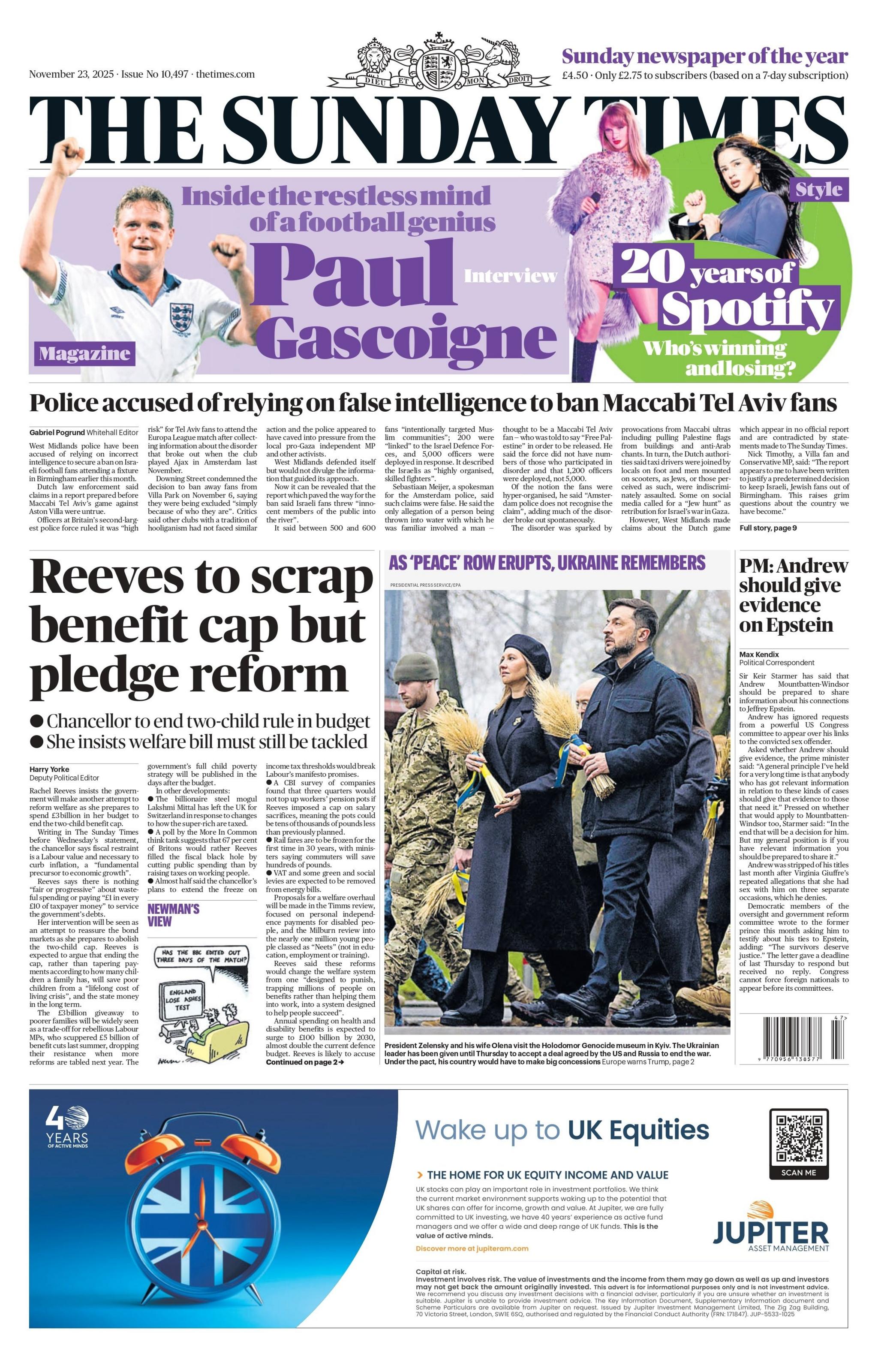 The headline on the front page of the Sunday Times reads: "Reeves to scrap benefit cap but pledge reform". 