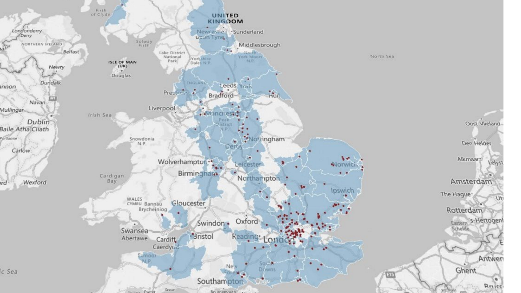 A map of inpatient units where Essex patients were sent from 2000 to 2023. It shows 215 dots on a map. People were sent from Newcastle to Southampton. Many of the dots are in London