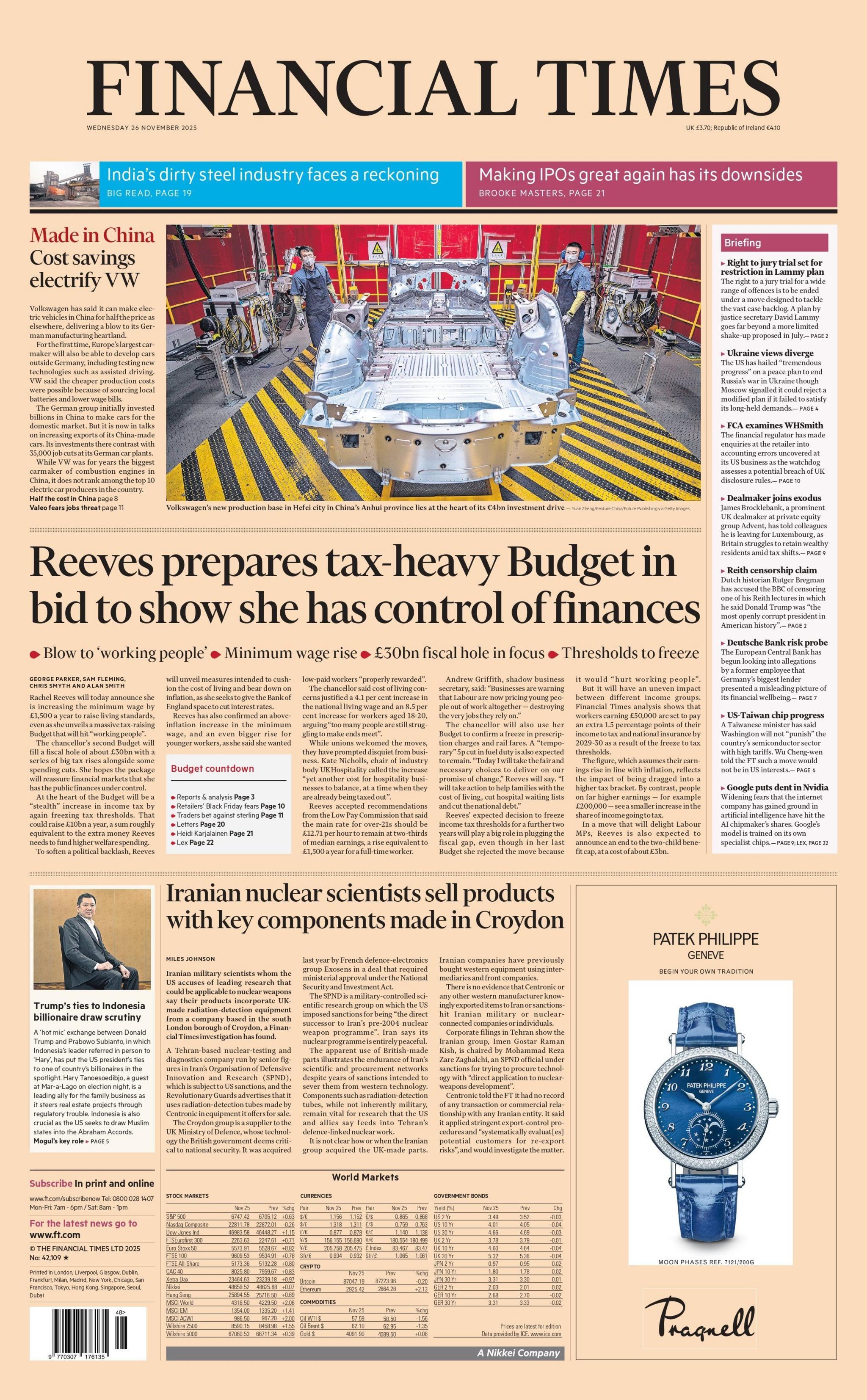 "Reeves prepares tax-heavy Budget in bid to show she has control of finances," reads the headline on the front page of the Financial Times.