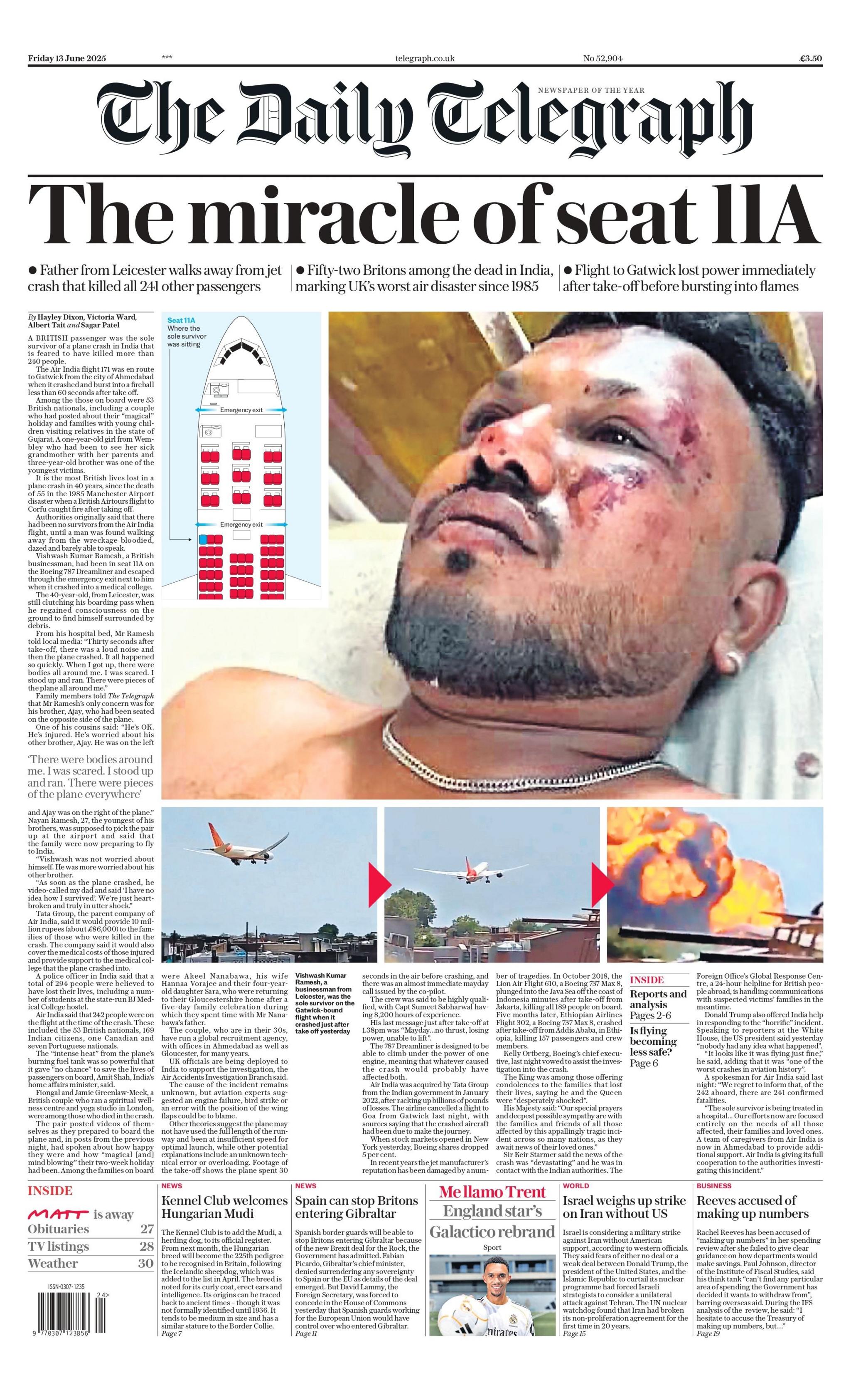 The headline on the front page of The Daily Telegraph reads: "The miracle of seat 11A".