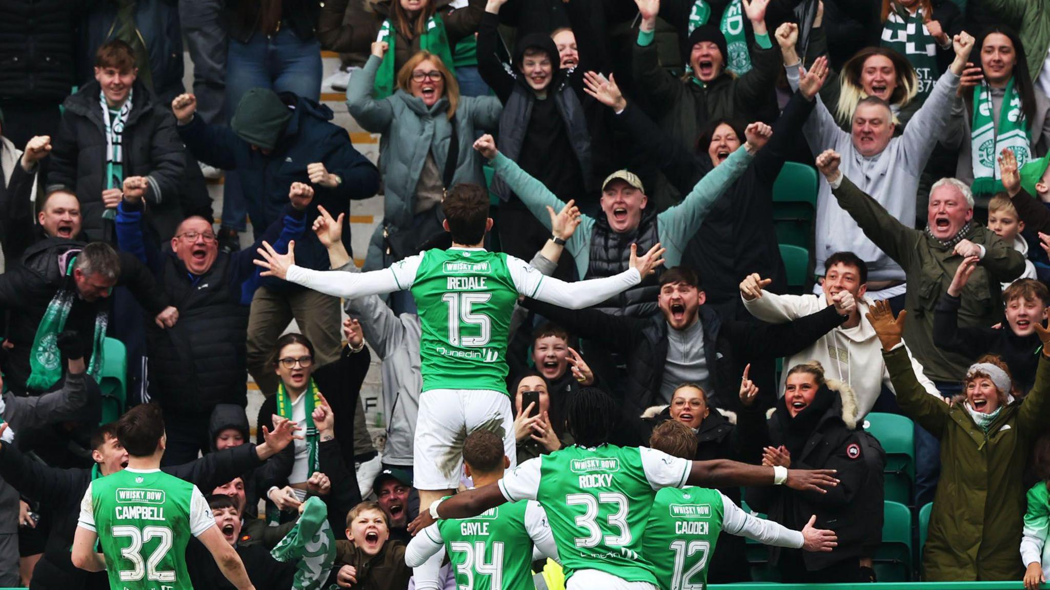 Hibs celebrate with the home fans after Jack Iredale's magnificent strike