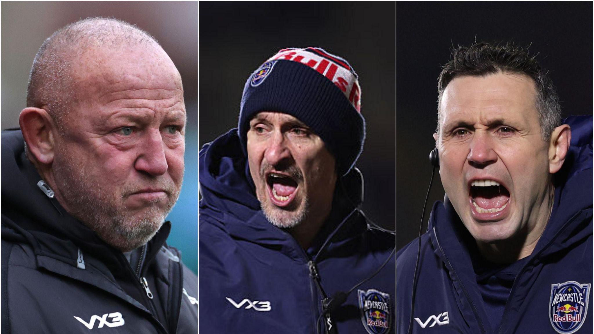 Left: Steve Diamond watching on glumly Centre: Alan Dickens shouting (wearing a Red Bulls woolly hat) Right: Stephen Jones also shouting an instruction while having an earpiece in his right ear