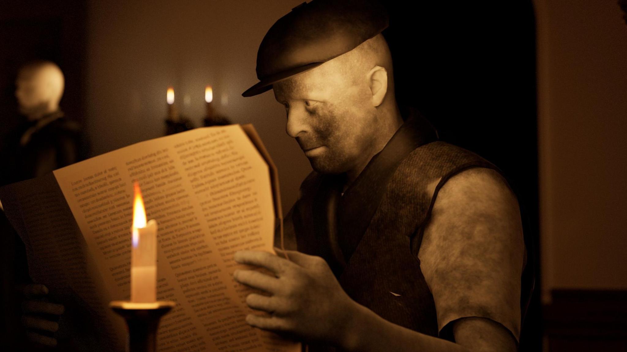 A computer animation image of a 19th Century coal miner reading a newspaper by the light of a candle