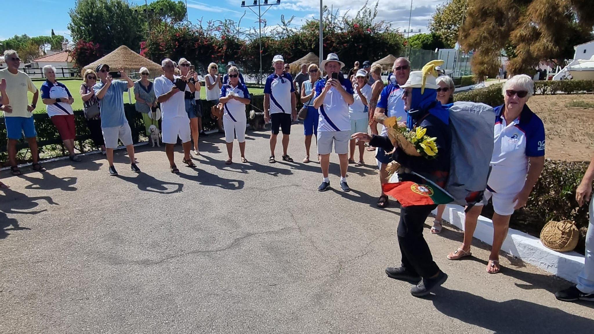 Ian West (right) at a celebration to mark the end of his walking challenge