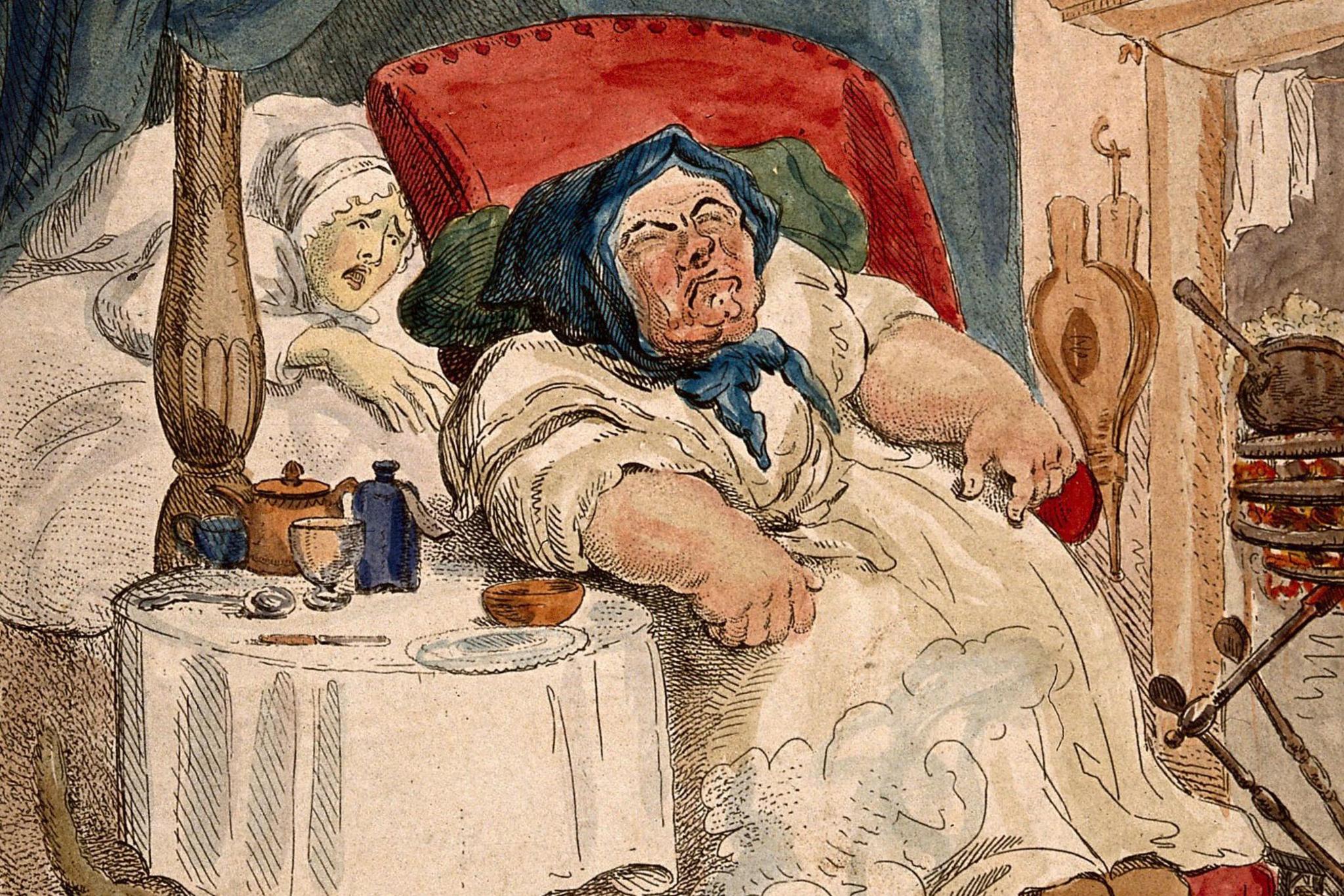 A caricature of a convalescing woman trying in vain to rouse her slumbering hired nurse.
