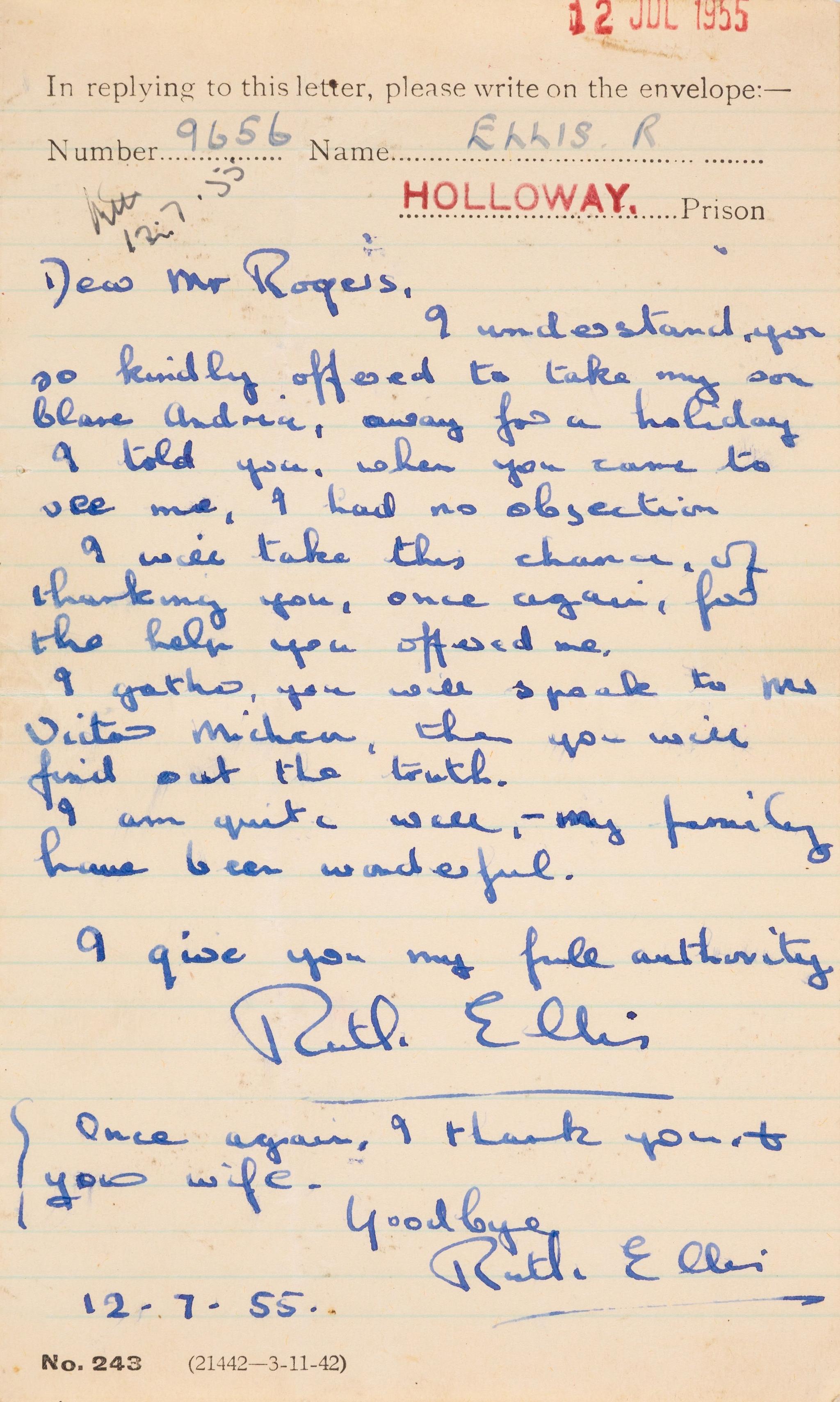 Letter written by Ruth Ellis. The paper is yellow-brown and it is handwritten in blue ink, with the date stamped in red at the top and Holloway stamped in red at the top.
