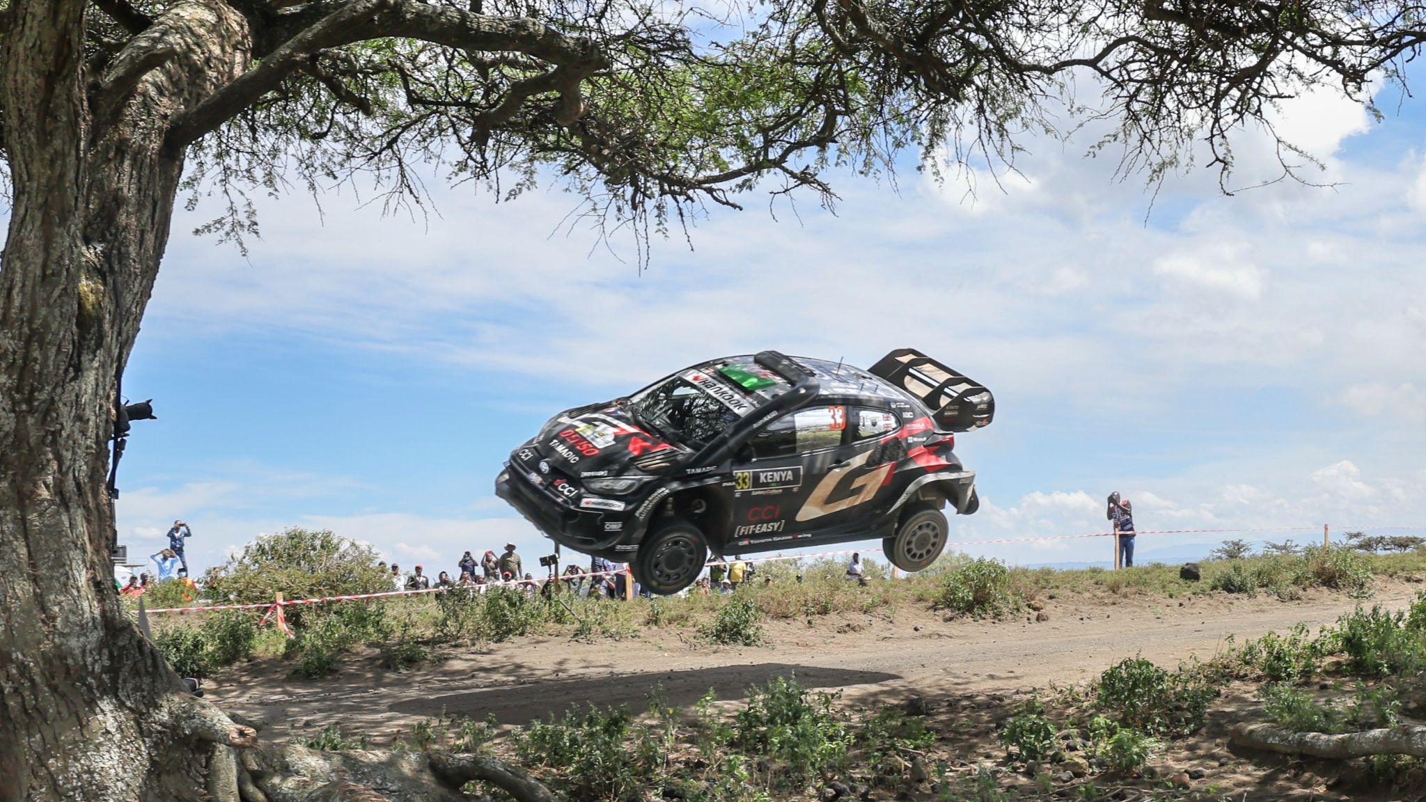 The air-bound Toyota Yaris of Elfyn Evans at Safari Rally Kenya 2025