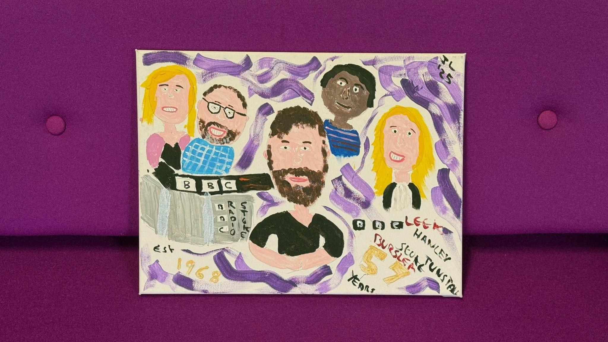 A child-like painting, against a purple backdrop, of five BBC Radio Stoke presenters - Susan Hanks, Stuart George, Lee Blakeman, Toni MacDonald and Liz Ellis.