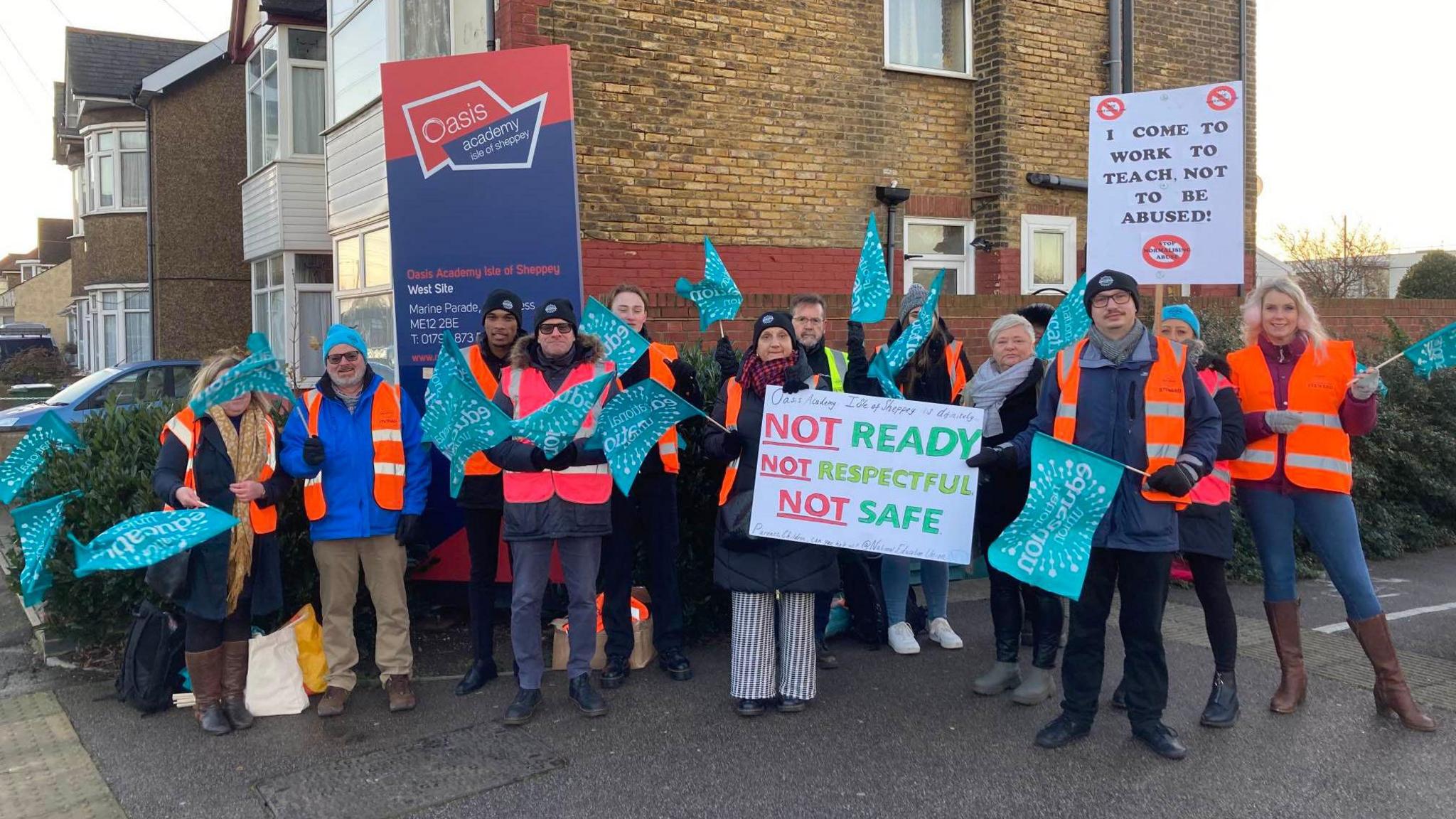 Striking staff on the picket line at the Oasis Academy