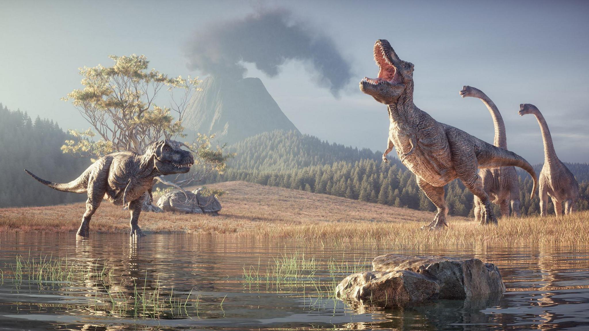 t.rex's and sauropods roaring in a field with a volcano in the distance