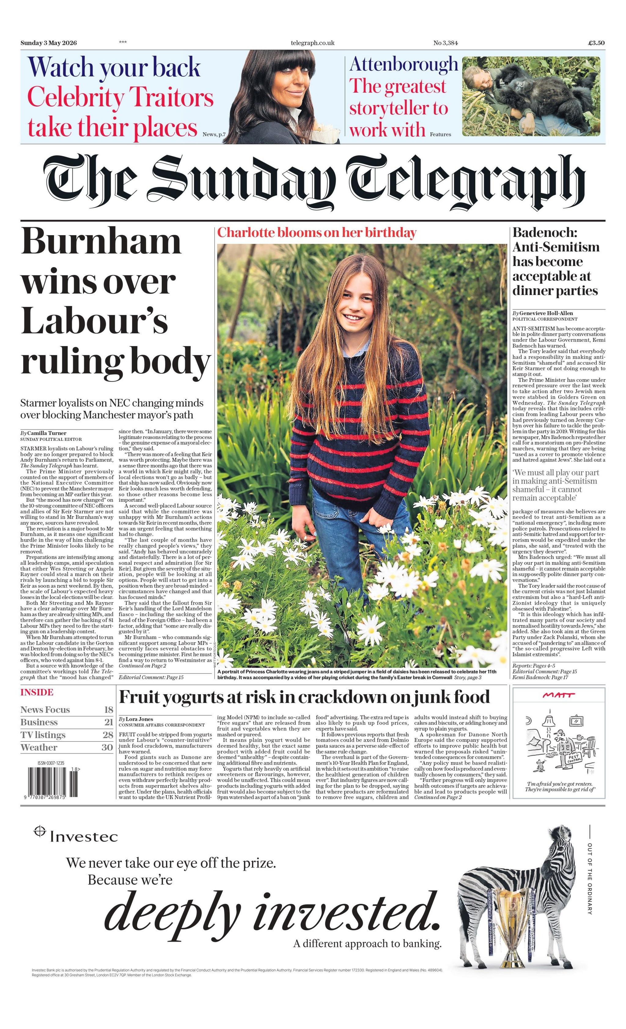 “Burnham fiton ndaj organit qeverisës të Partisë Laburiste”, thuhet në titullin kryesor në faqen e parë të gazetës “Sunday Telegraph”.