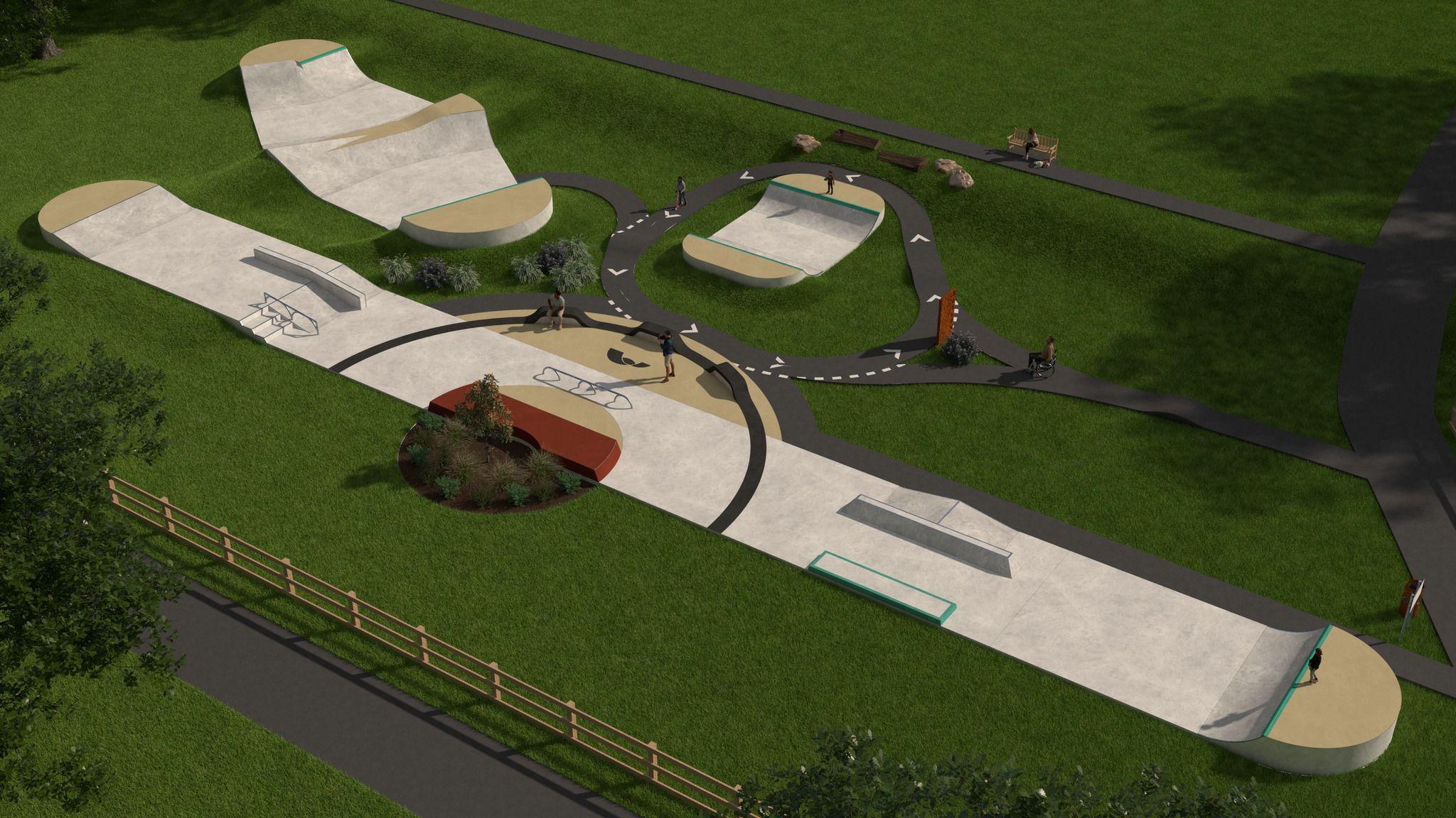 Visual depiction of what the skatepark will look like. A long skating zone with ramps each side, a smaller one in the middle and another one in the top right corner. Tarmac is going around some of the park which is on grass and a few trees and a fence can be seen.