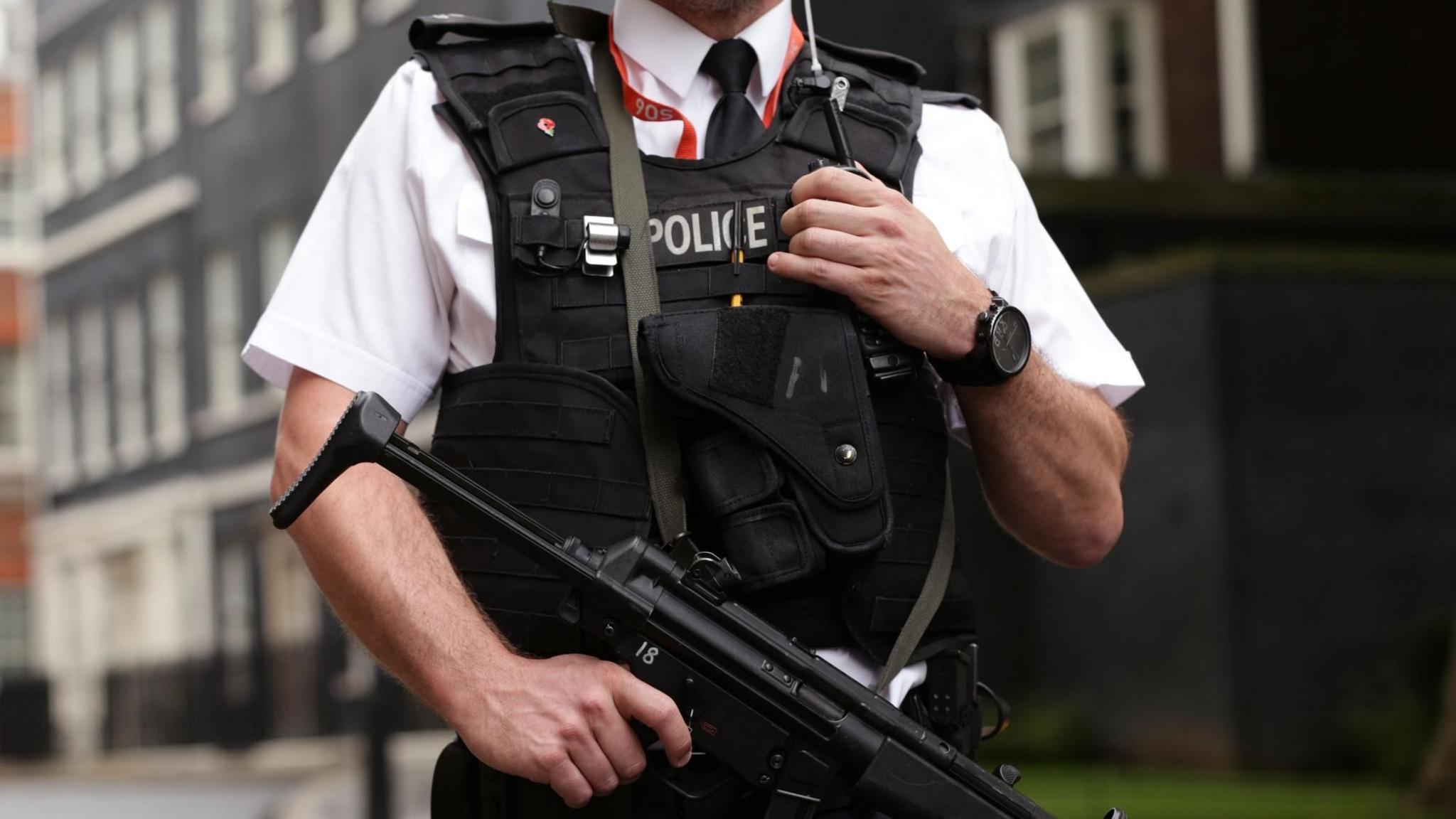 Close-up of a Met Police officer holding a firearm