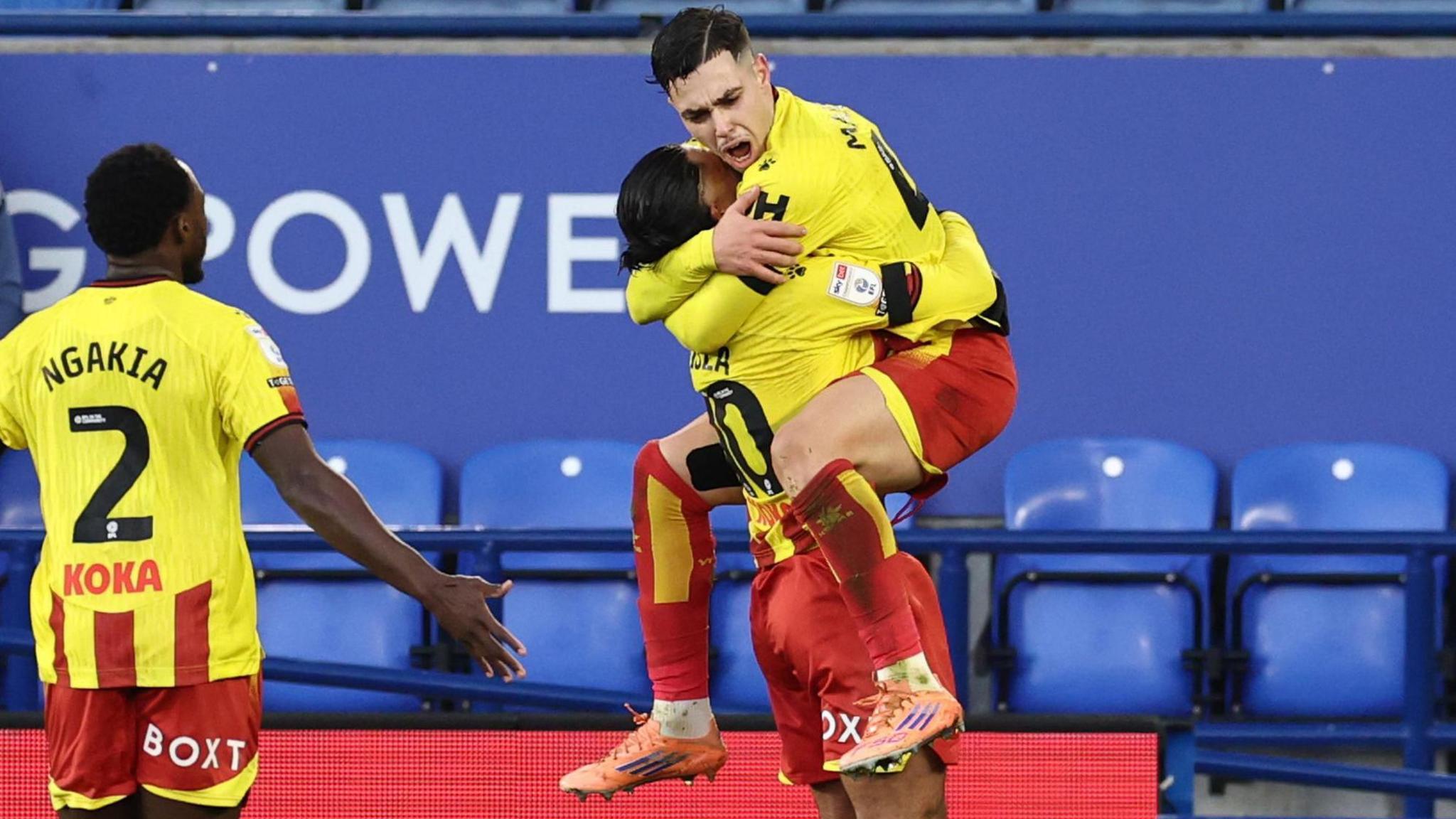 Watford players celebrate Othmane Maamma’s first-half equaliser against Leicester City