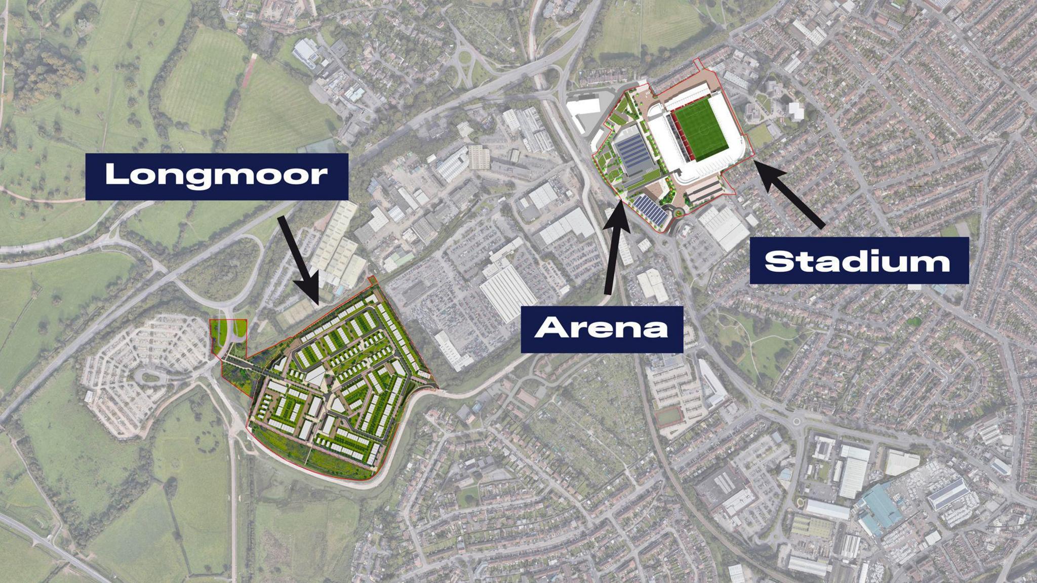 Map of Bristol showing the Longmoor development, arena and stadium