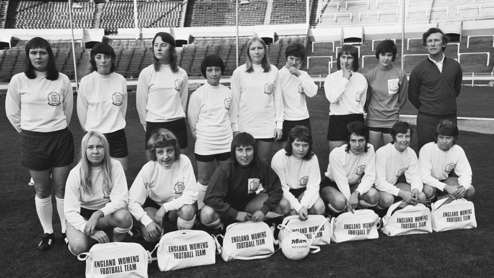 Sylvia Gore pictured with the England women's squad and their coach Eric Worthington at Wembley Stadium in 1972, before their game against Scotland