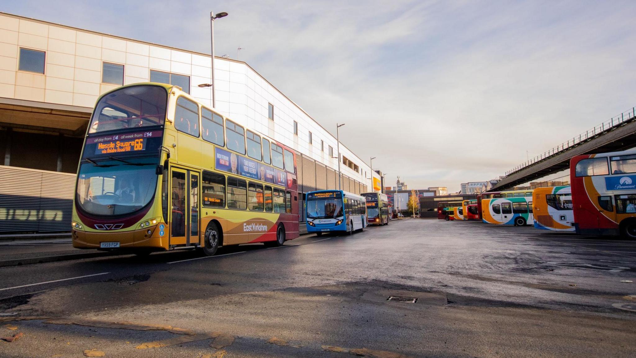 Buses leave the Paragon Interchange bus terminal in Hull. There are both Stagecoach and East Yorkshire branded buses in the photograph.