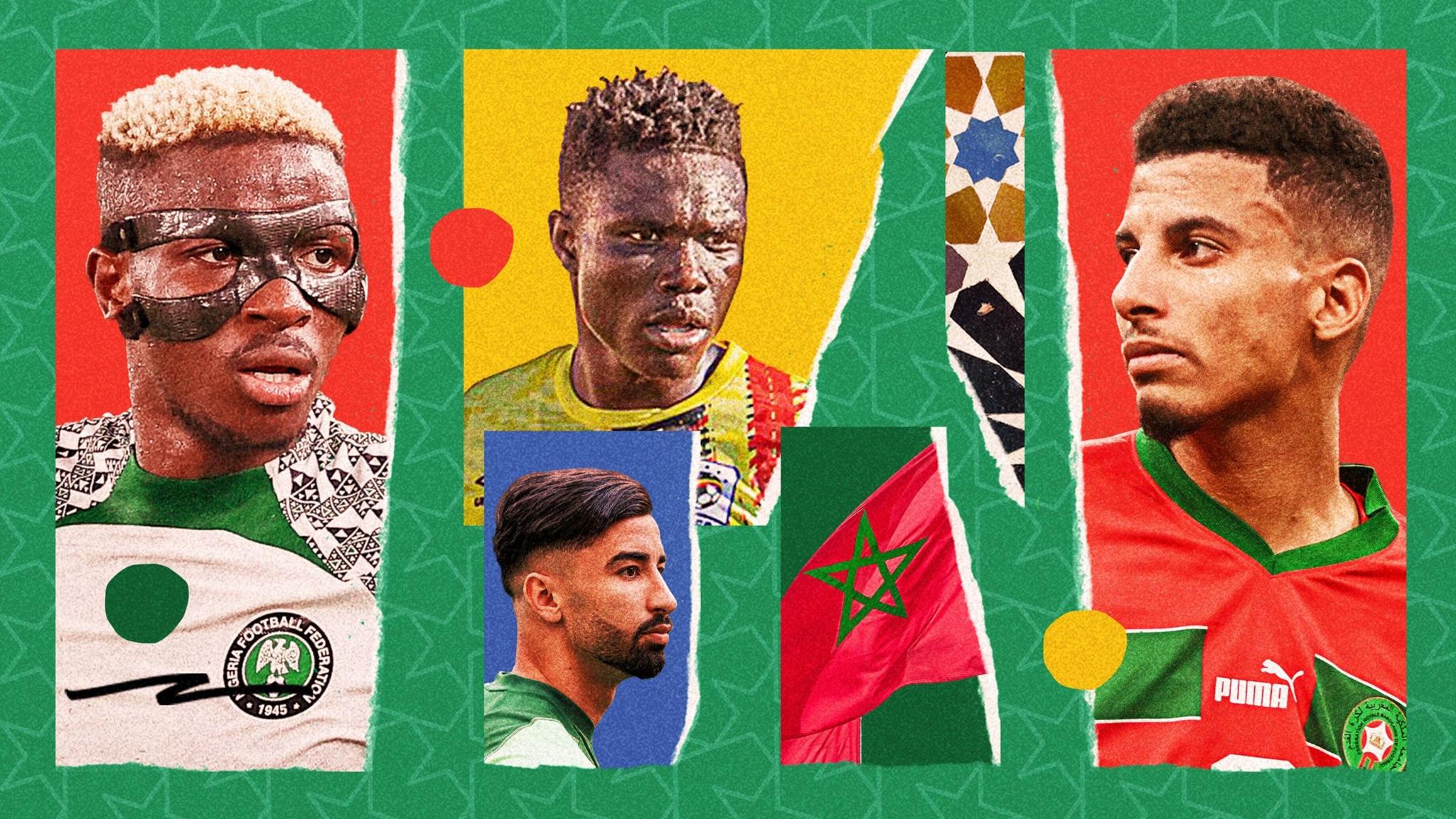 A colourful graphic showing Victor Osimhen, Rogers Mato, Mohamed Amoura and Azzedine Ounahi along with the Moroccan flag