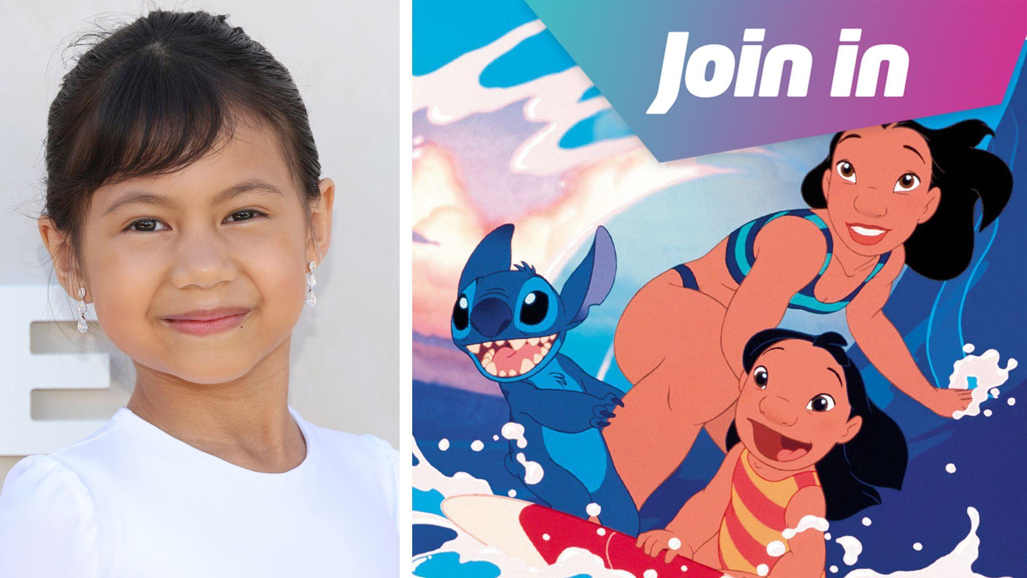 split image shows a photograph of lilo actress maia kealoha on one side and on the other side the characters from the original lilo & stitch animation, lilo, nani and stitch, on a surf board smiling