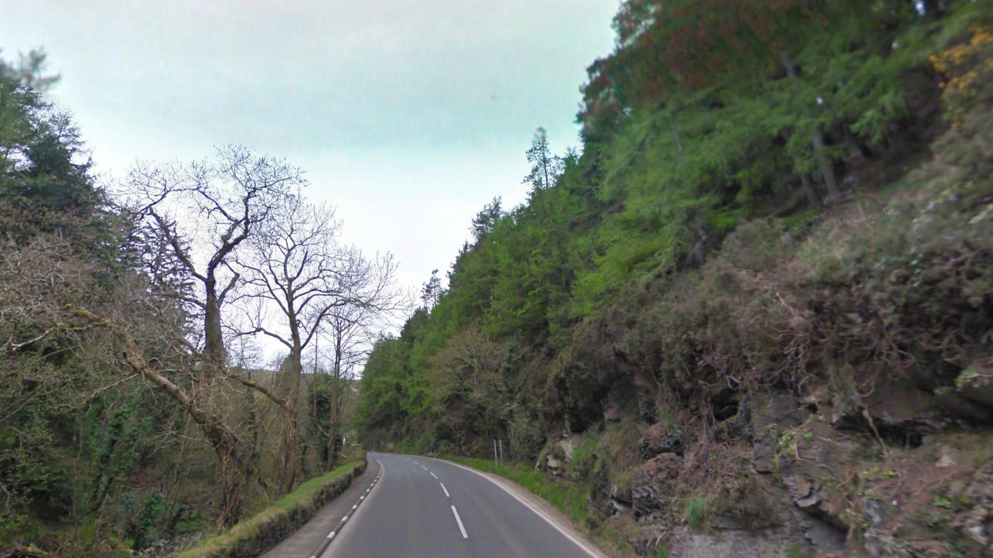 A well maintained road, a wall is on the left with trees behind it, and on the right there are lots of tall trees.